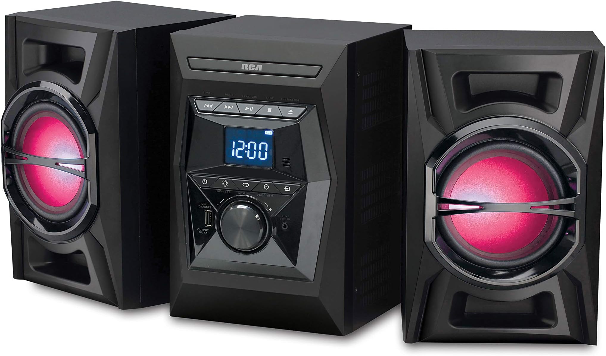 RCA (RS3698BL 100W CD Stereo Audio Shelf System with Bluetooth Receiver and Wireless Technology - Illuminated LED Speakers, Digital FM Tuner, USB Charging Port