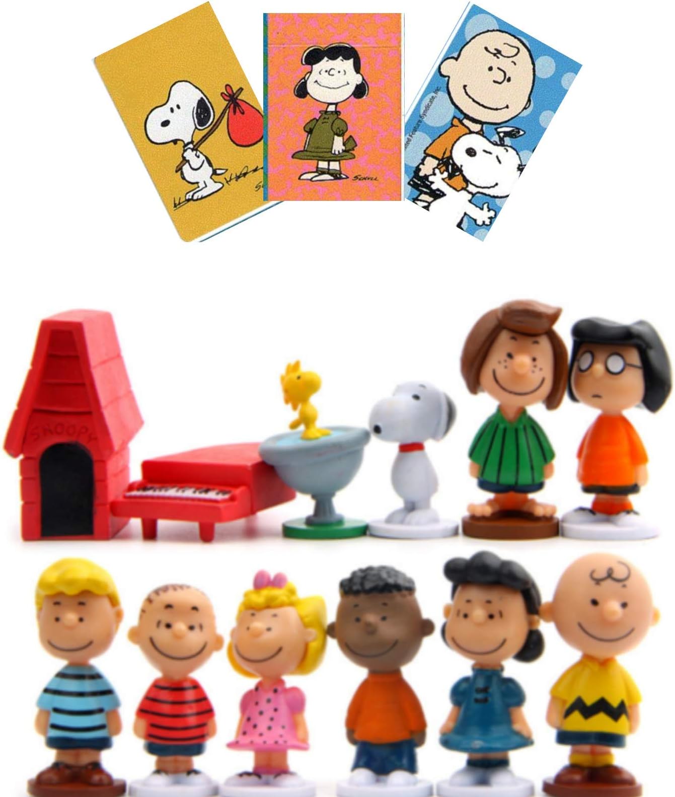 Peanuts Figurines Toys Movie Classic Figures Set of 12 + 1 Card Stickers Great Cupcake Toppers Party Decorations Birthday with Charlie Brown Snoopy and Friends - 3 to 5 cm