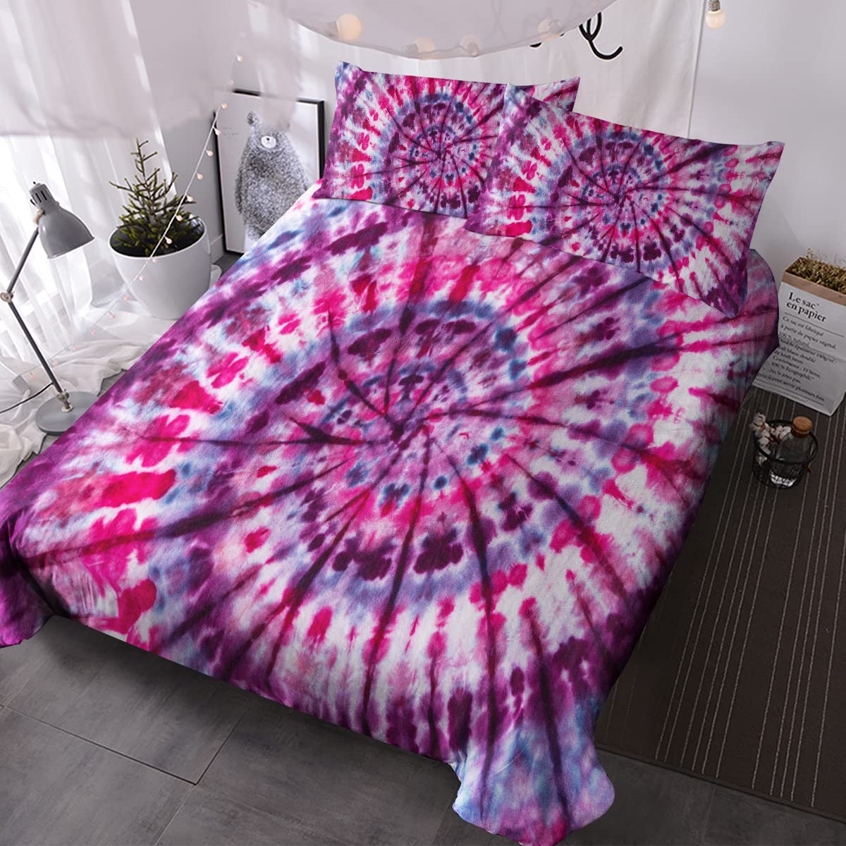 BlessLiving Colorful Tie Dye Bedding Pink Purple Tie Dye Duvet Cover Set Psychedelic Comforter Cover 3 Piece Abstract Modern Girly Bedspreads (King)