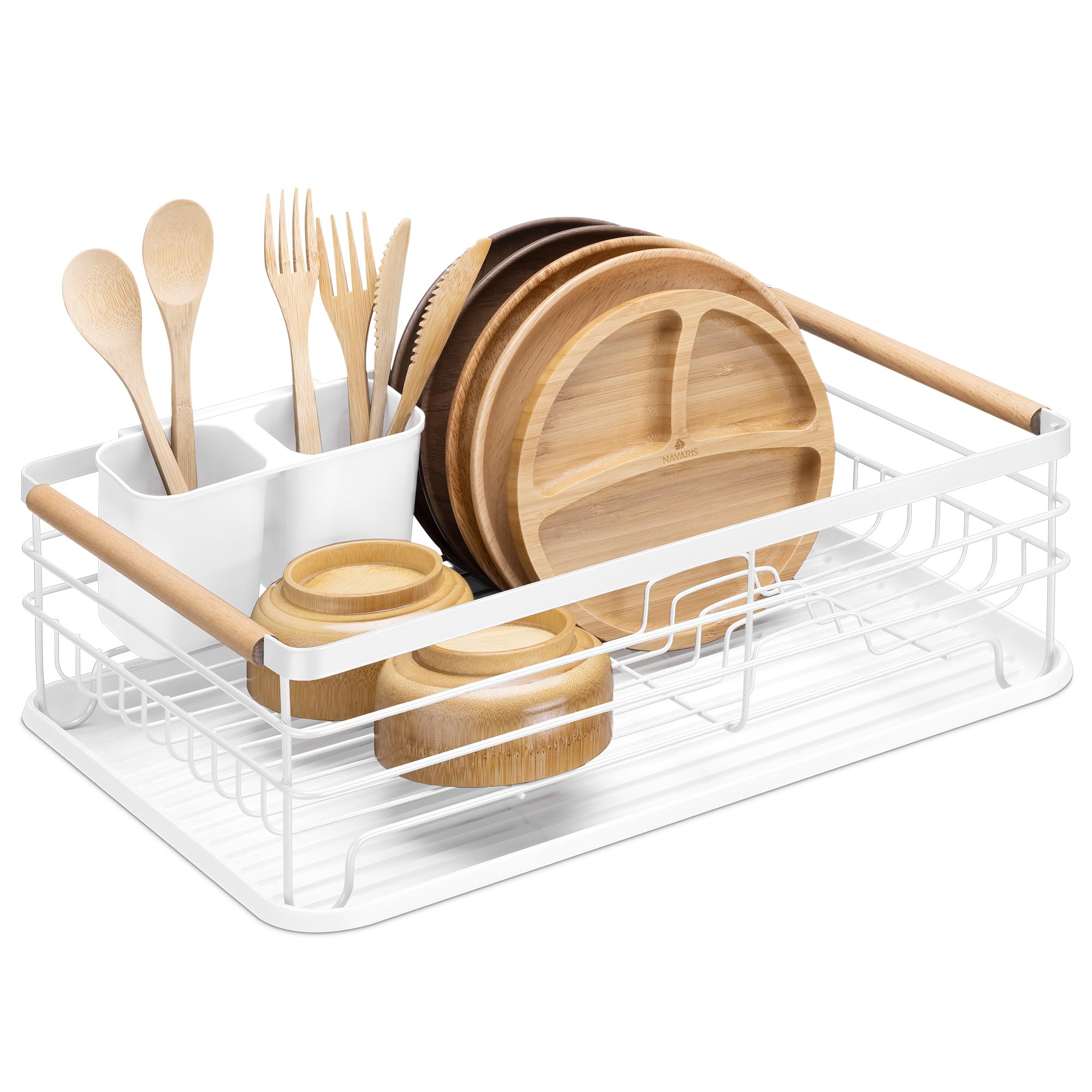 Navaris Dish Drainer Rack - Plate, Cutlery, Pots and Pans Drying Rack for Kitchen with Beechwood Handles - Modern Retro Design Drip Tray - White