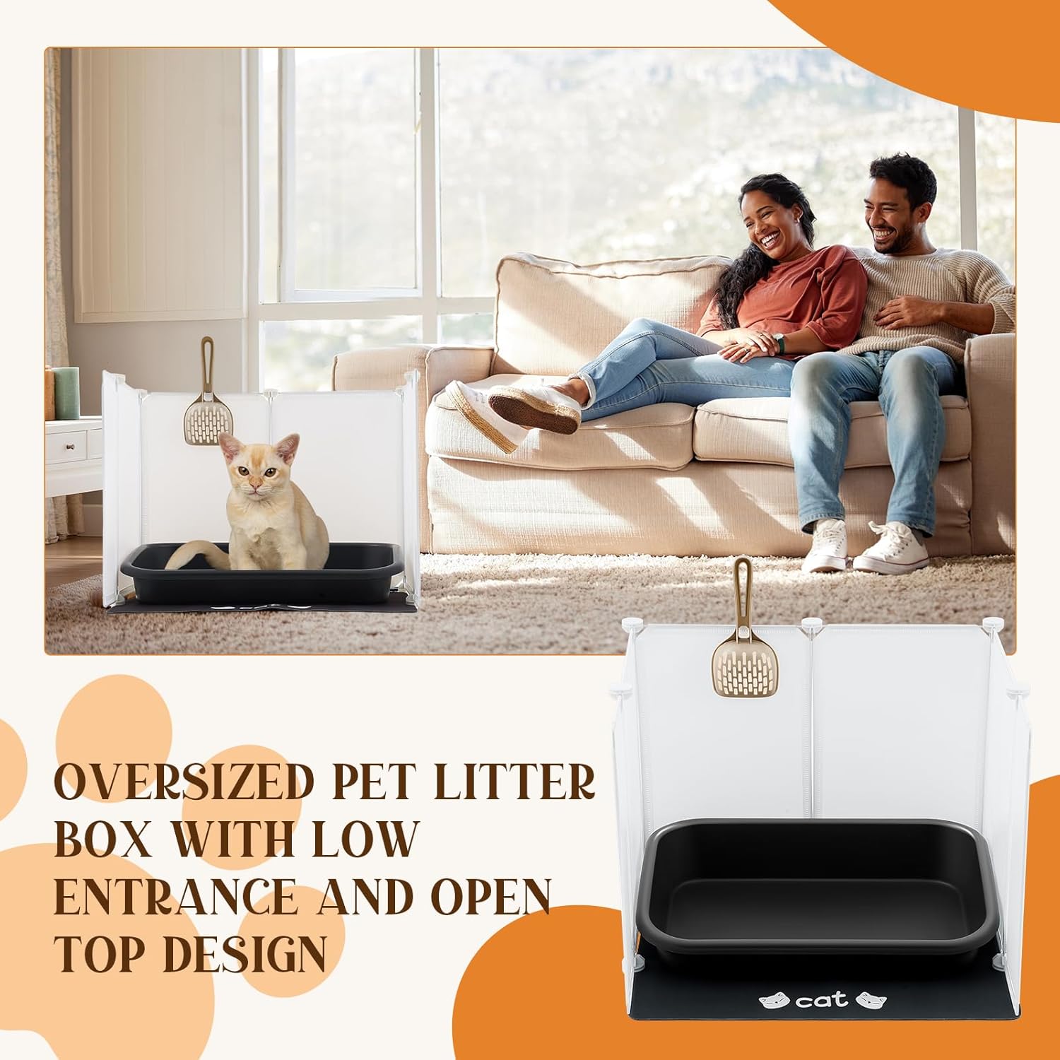 4 in 1 Low Entry Senior Cat Litter Box Large Plastic Pet Litter Box Shield Set with Enclosure Cover Splash Guard Extra Cat Pet Mat and Scoop Easy Clean Low Entry Open Top Pad for Kitten Frail Disabled