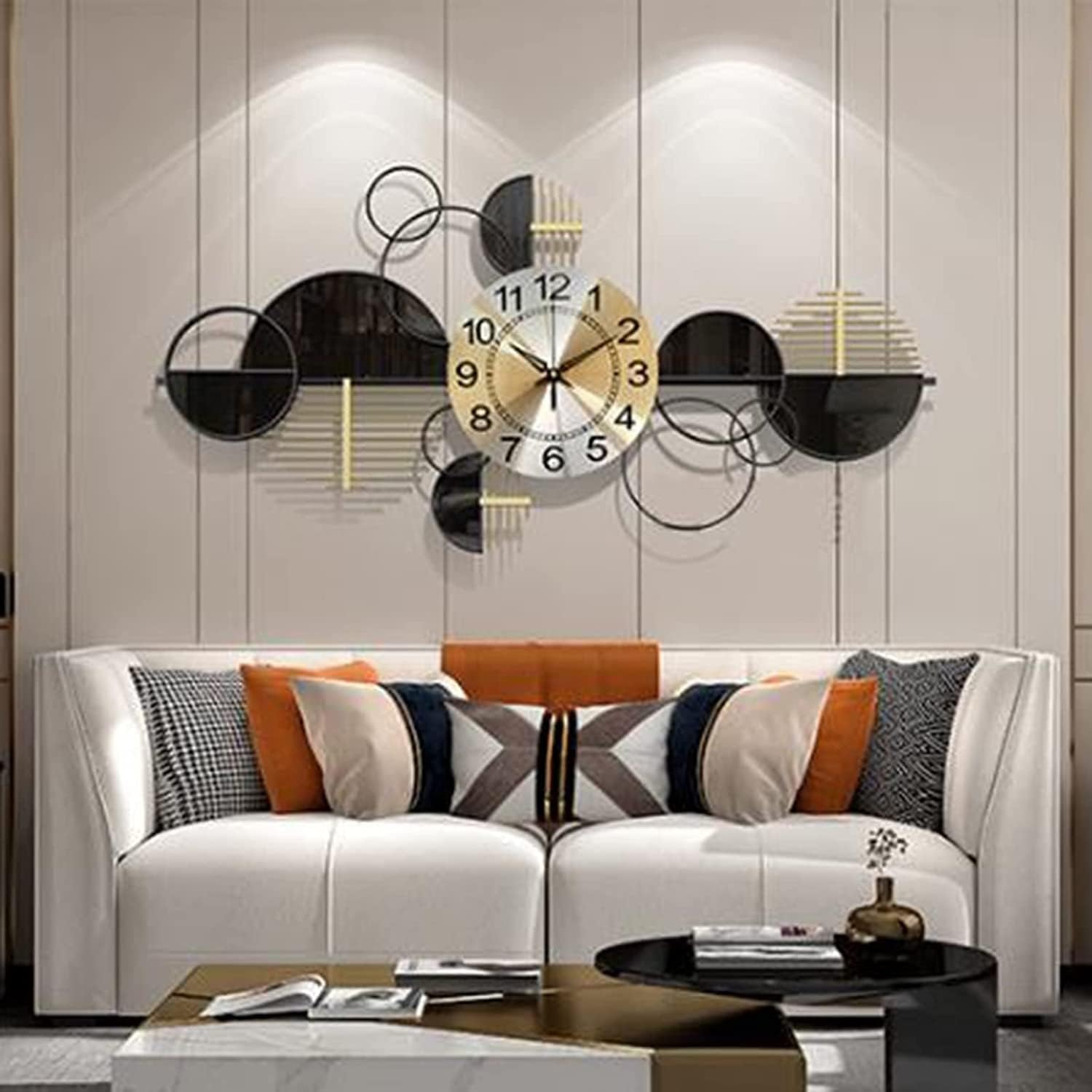 Large Wall Clock Metal Decorative, Mid Century Silent Non-Ticking Big Clocks, Modern Home Decorations for Living Room,Bedroom,Dining Room, Office, 86 * 43cm