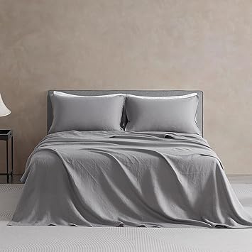 DAPU Pure Linen Sheets Set, 100% French Linen from Normandy, Breathable and Durable for Hot Sleepers, 4 Pcs Set - 1 Flat Sheet, 1 Fitted Sheet, 2 Pillowcases (Earl Gray, King)