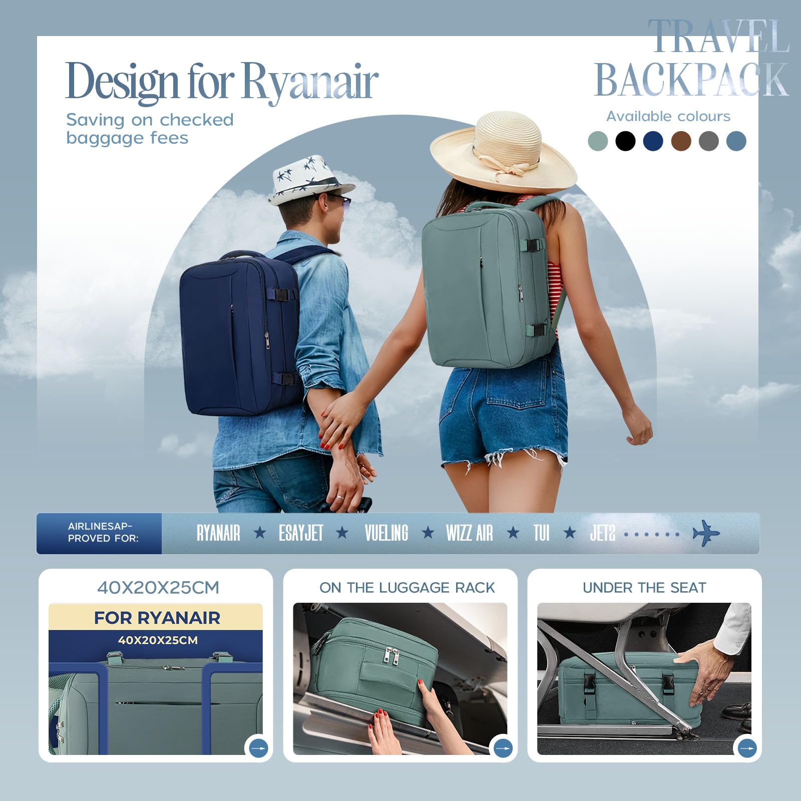 Xkdoai per Ryanair Zaino da Viaggio 40x20x25 con Organizer Valigie 3 Pezzi Set Bagaglio a Mano Zaino Uomo Borse da Cabina Aereo Approvato per il volo Rucksack Valigia Zaini