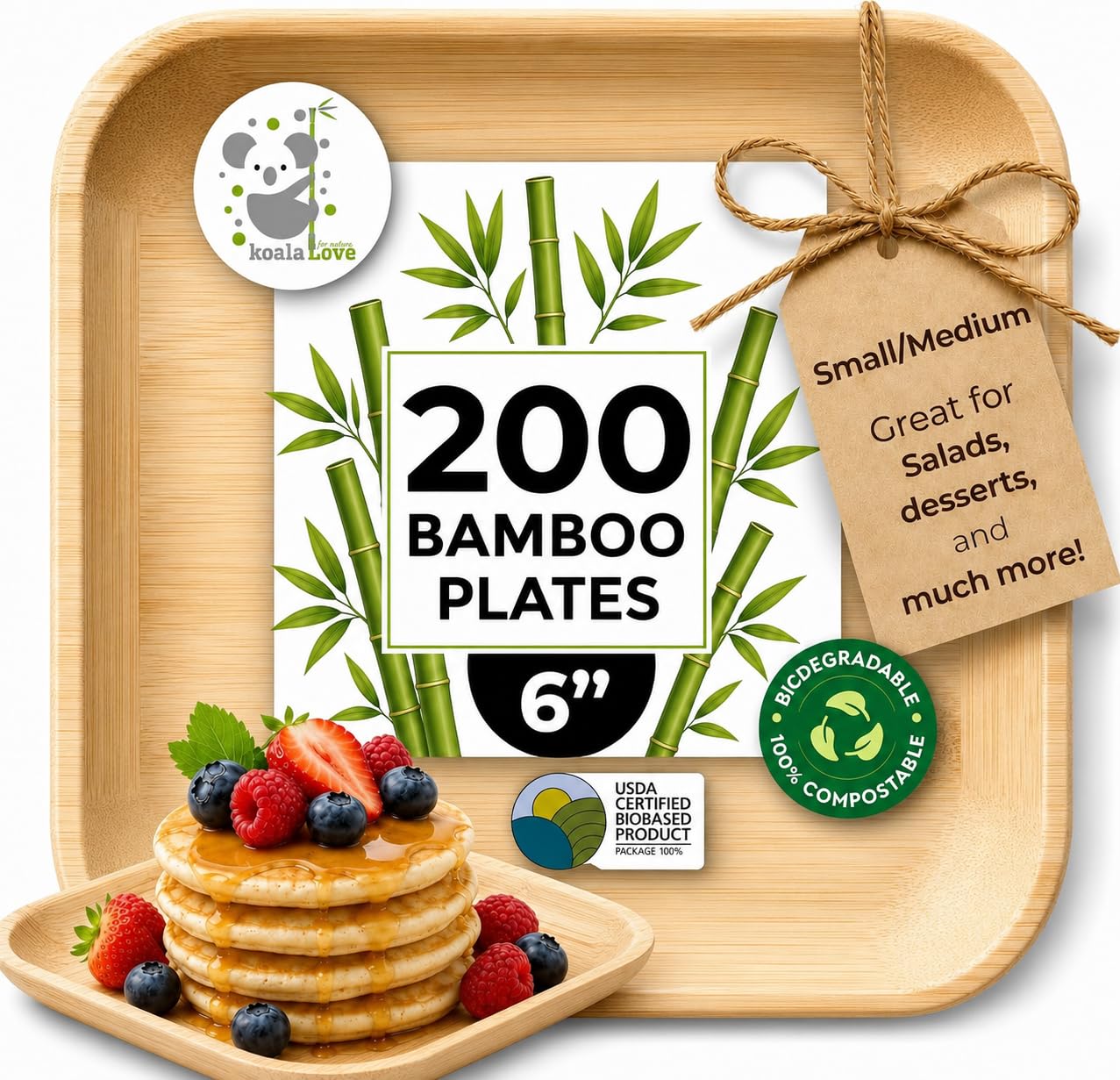 KoalaLove - Piatti di carta di bambù usa e getta da 15,2 cm, 200 piatti quadrati per antipasti e dessert, ecologici, biodegradabili, compostabili, migliori dei piatti di plastica