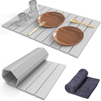 Stone Dish Drying Mat for Kitchen Counter,24"L16"W Collapsible Fast-Drying Diatomaceous Earth Mats with Towel Sanding Tool,Versatile Stone Drying Mats for Cups Dishes Bottles