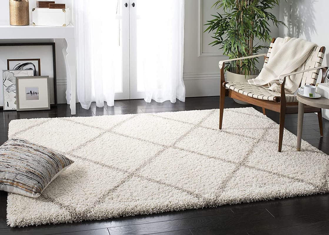 INDIAN RUGS Super Soft Microfiber Fluffy and Plush Modern Carpets 4 X 6 FEET for Living Room with 2 inch Thickness (A Ivory Beige Trellis)-image-28