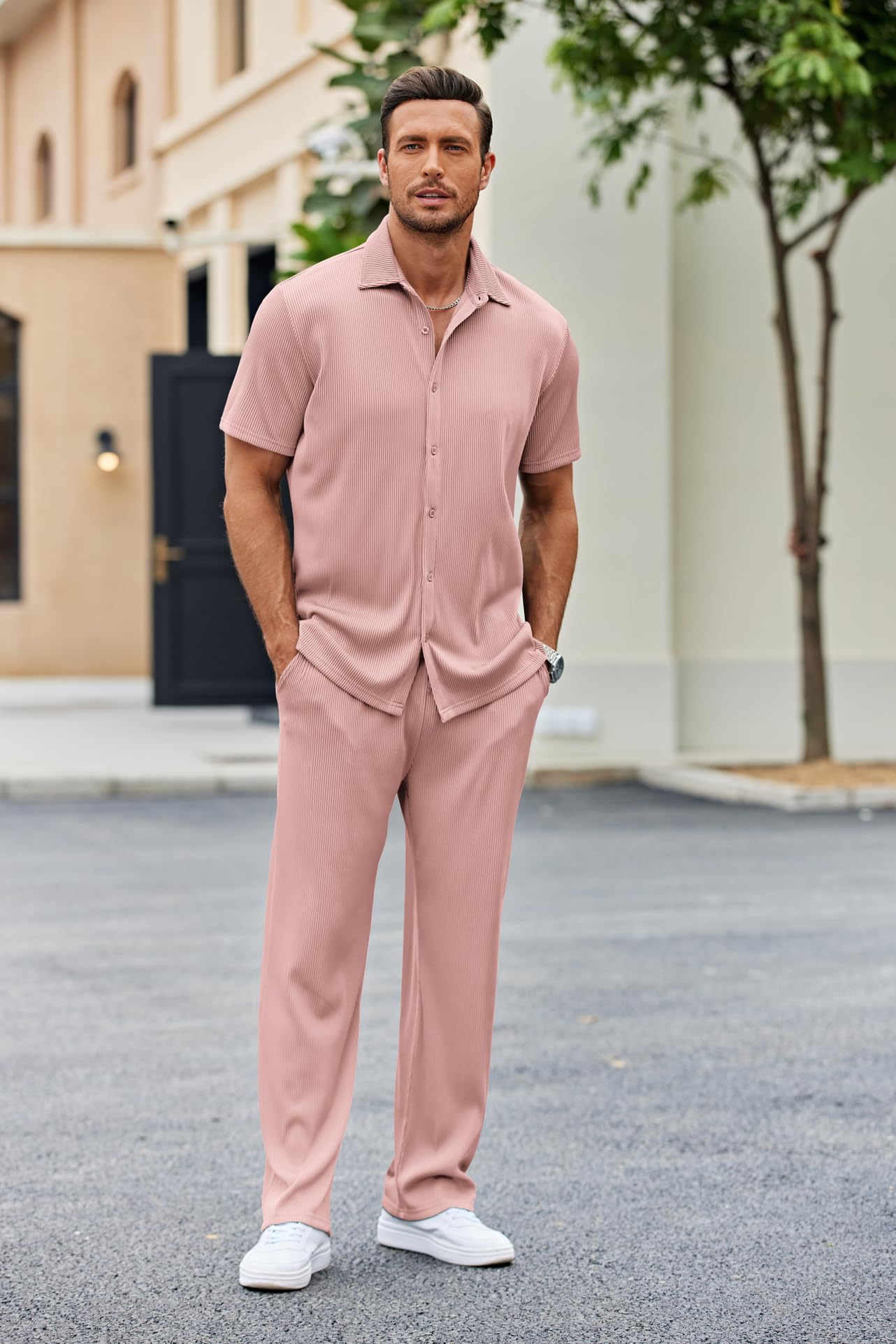 COOFANDY Tenue 2 pièces décontractée à manches courtes boutonnée pour homme