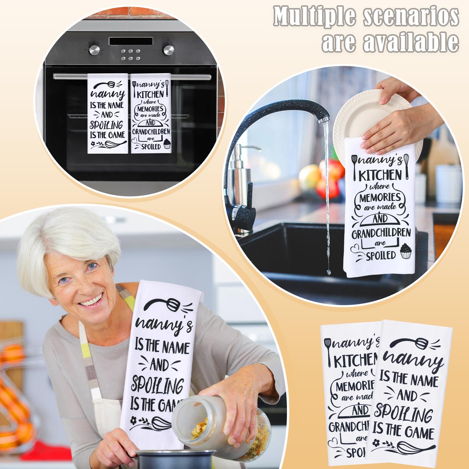 Tatuo Nanny Gifts, Birthday Gifts for Nanny from Grandkids, 5 Pcs Kitchen Gift Set-2 Microfiber Dish Towels, 2 Oven Pads, 1 Oven Mitt, Funny & Heartwarming Cooking Kitchen Gift