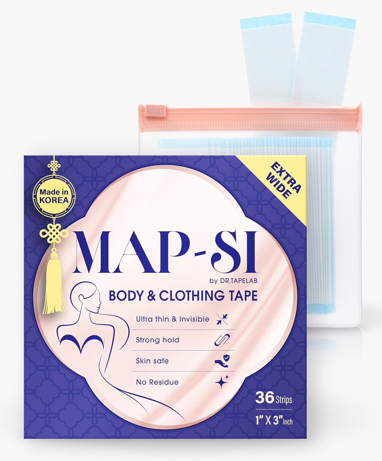 Double Sided Body and Clothing Tape for Skin and Clothes - [MAP-SI 50 Strips] Clear Fashion Tape Adhesive, Fabric Friendly for Dresses, Tops, and Straps, Standard