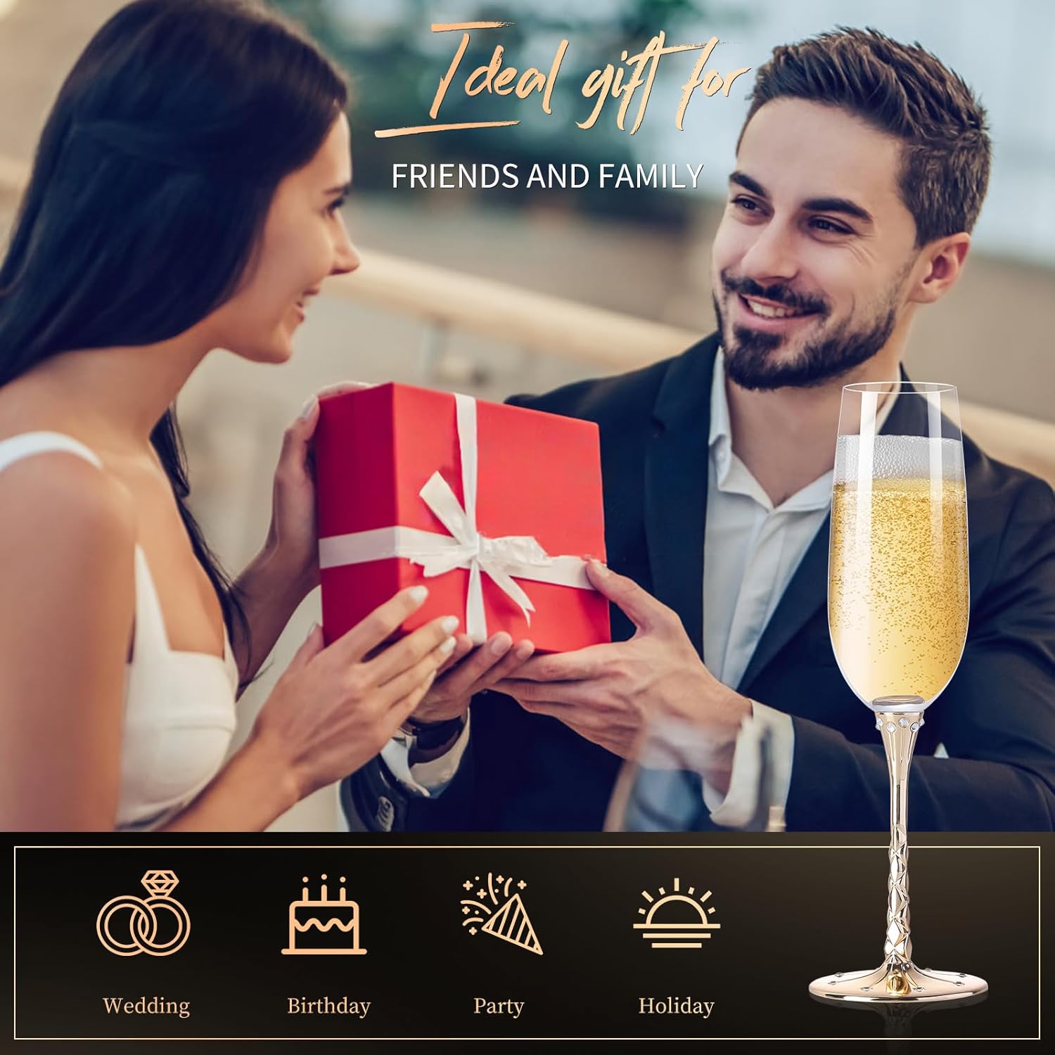 Hanjue Champagne Glasses Set of 2, Clear Champagne Flutes 7 Oz - Ideal for Gifts,Parties, Wedding, Christmas, Long-lasting and Reusable Bar Glassware (Gold) - Image 7