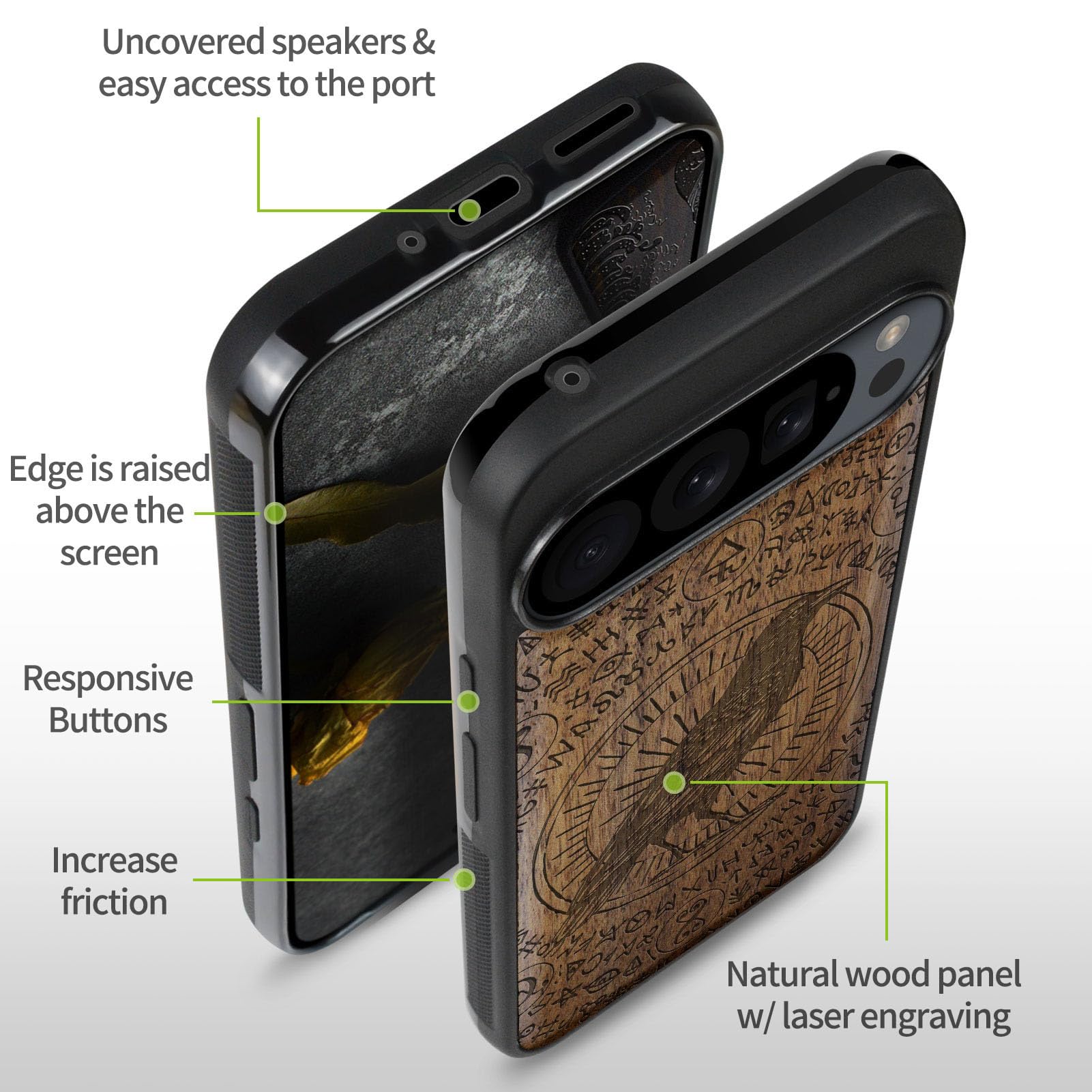 Carveit Wood Case For Pixel 9 Pro XL Case [Natural Wood & Black Soft TPU] Shockproof Protective Unique Wooden Cover Compatible With Google Pixel 9 Pro XL (The Haloed Crow-Blackwood - View #3