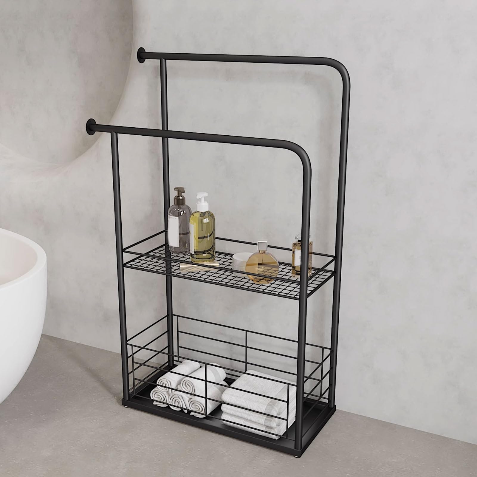 Porte-serviettes sur pied avec 2 barres pour organiser une salle de bain familiale