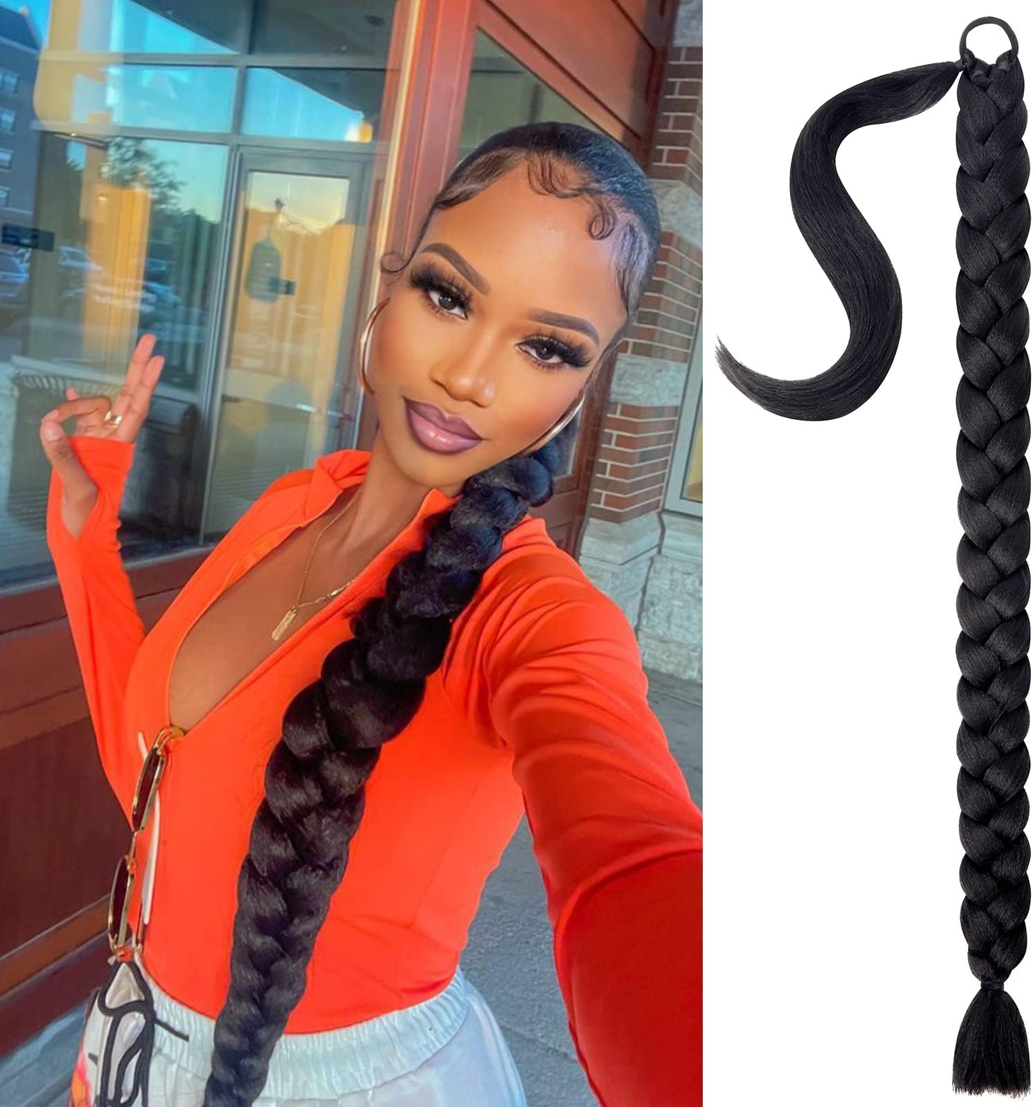 Mebeli Braided Ponytail Extension, Braid Extensions Long Braided Ponytail Extension for Black Women With Hair Tie,Straight Wrap with Braid Synthetic Hair Pieces 34 Inch 1B. … …