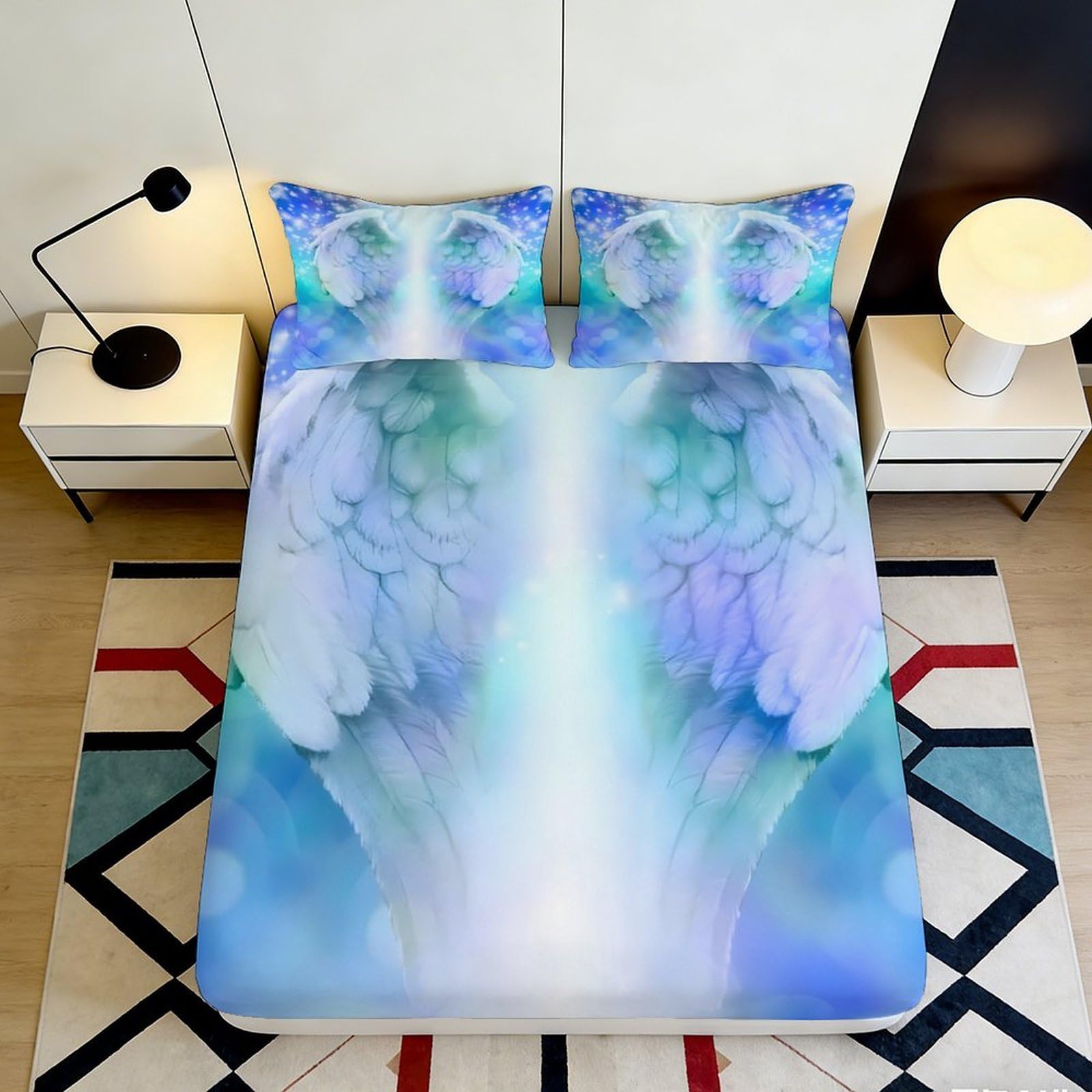 3D Printed Angel Wings Fitted Sheet Microfiber Soft Blue White Feather Bed Cover Bedroom Mattress Decor 90x200x25cm