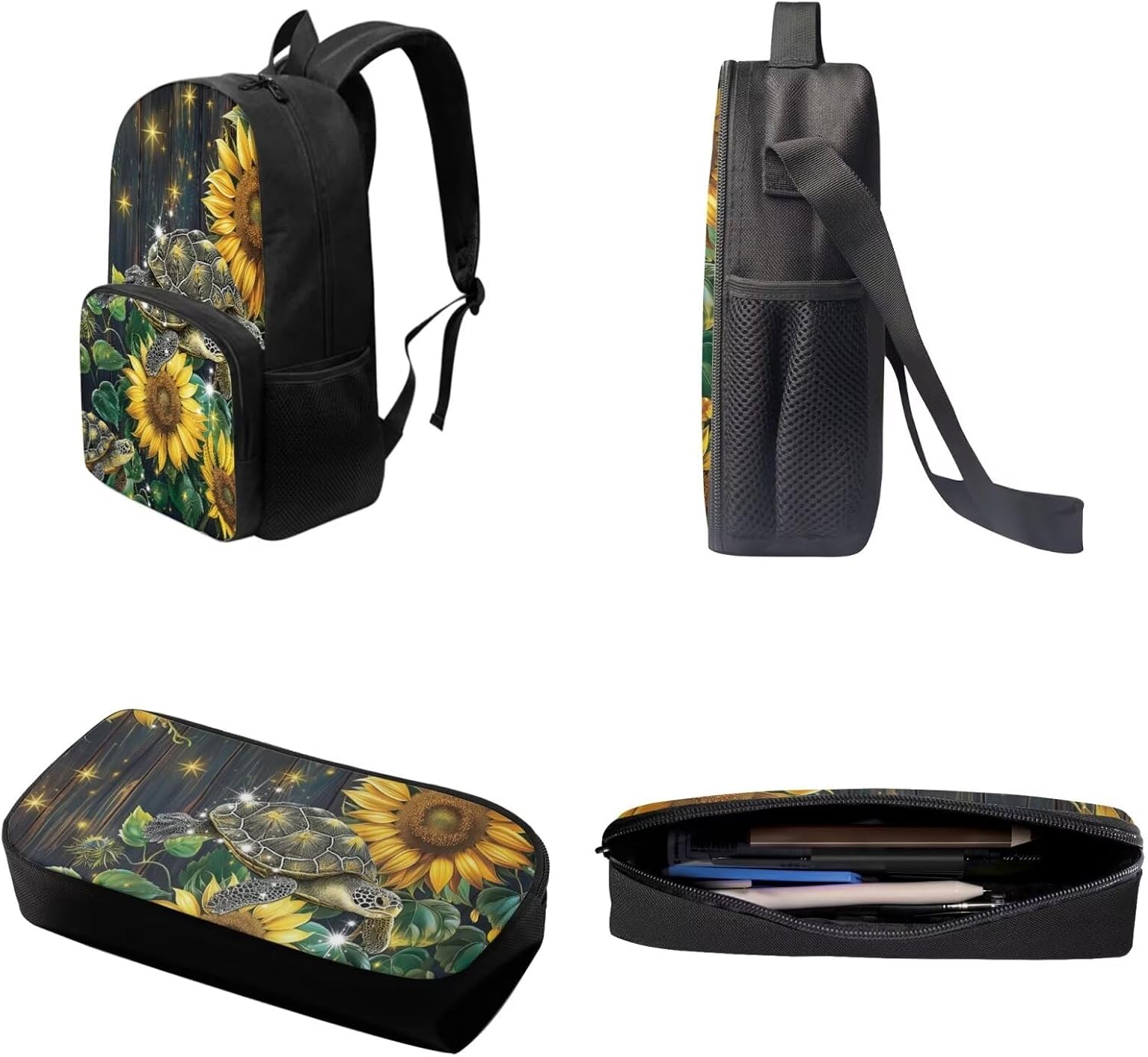 Xoenoiee Sea Turtle and Sunflower Pattern 3Pcs Bookbag+Lunch Box+Pencil Bag for Students 17in Large School Bag Backpack Set for Boys Girls Back To School