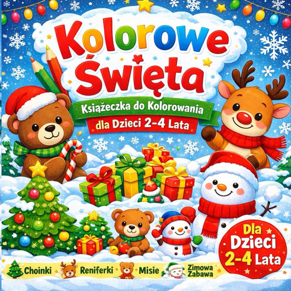 Kolorowe Święta – Książeczka do Kolorowania dla Dzieci 2–4 Lata: Proste Świąteczne Obrazki, Choinki, Renifery, Misie i Zimowy Klimat dla maluchów