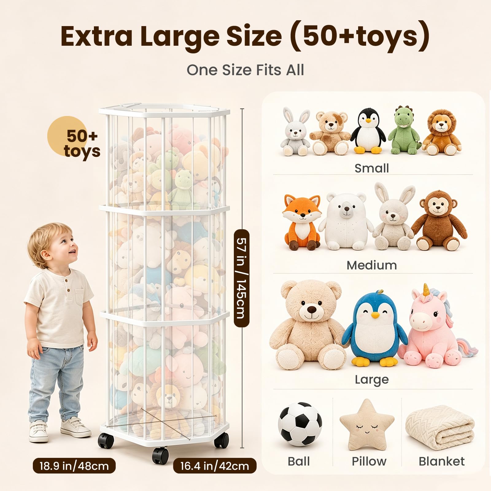 Almacenamiento de juguetes suaves, almacenamiento de animales de peluche, almacenamiento de juguetes de peluche con red de malla, tubo organizador de juguetes de peluche con ruedas de freno, jaula de