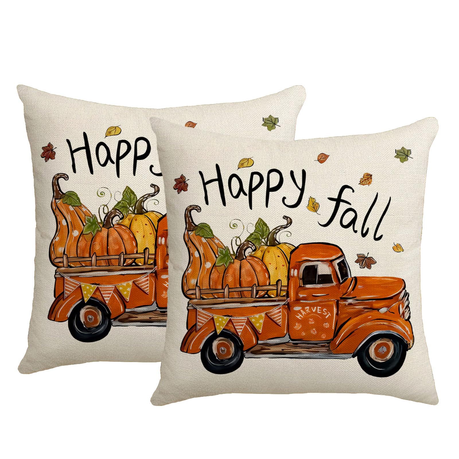 KLUSIET Fall Pillow Covers 18x18 Inch Set of 2, Pumpkin Maple Leaves Decorations Throw Pillow Covers, Throw Cushion Cover for Autumn Thanksgiving Farmhouse Sofa Decor(2pcs,G)