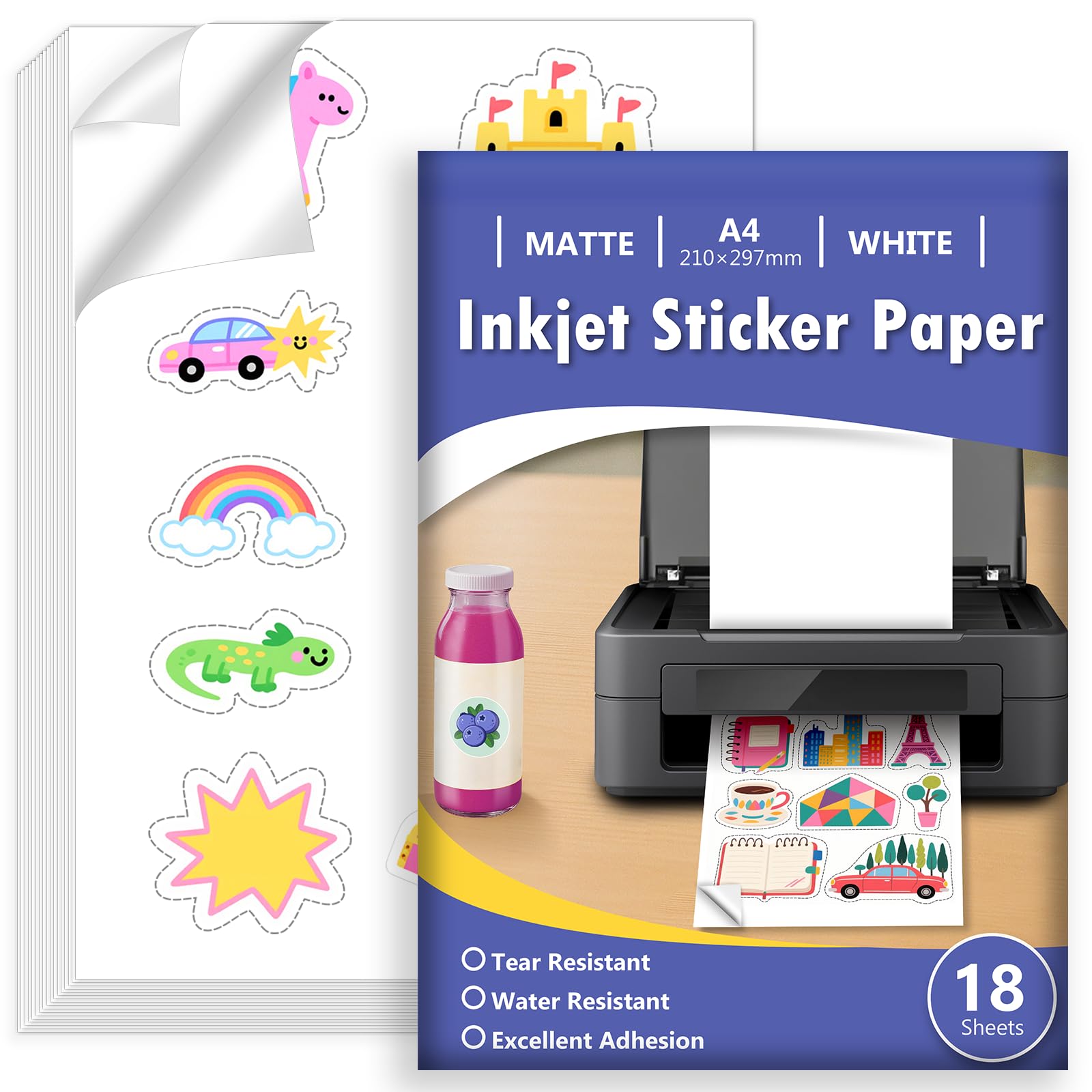 Euqvunn 18 Sheets Sticker Paper for Printer A4, Matte White Water Resistant Printable Vinyl Sticker Paper, Self-Adhesive Full Page for Inkjet Printers, Quick Dry, 210x297mm
