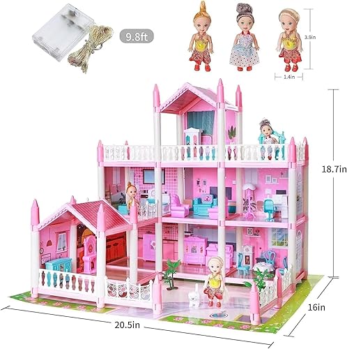 Miniatura 8 de LUYE Casa de muñecas grande para niños, casa de sueños de princesa de 3 pisos, 8 habitaciones, juguetes con muebles de muñecas y muñecas, casa de