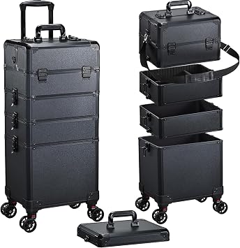 Professional 5-in-1 Vanity Case Makeup Organiser Large Makeup Trolley on Wheels Hairdressing Trolley on Wheels Beauty Case Lockable Make Up Box Storage Black