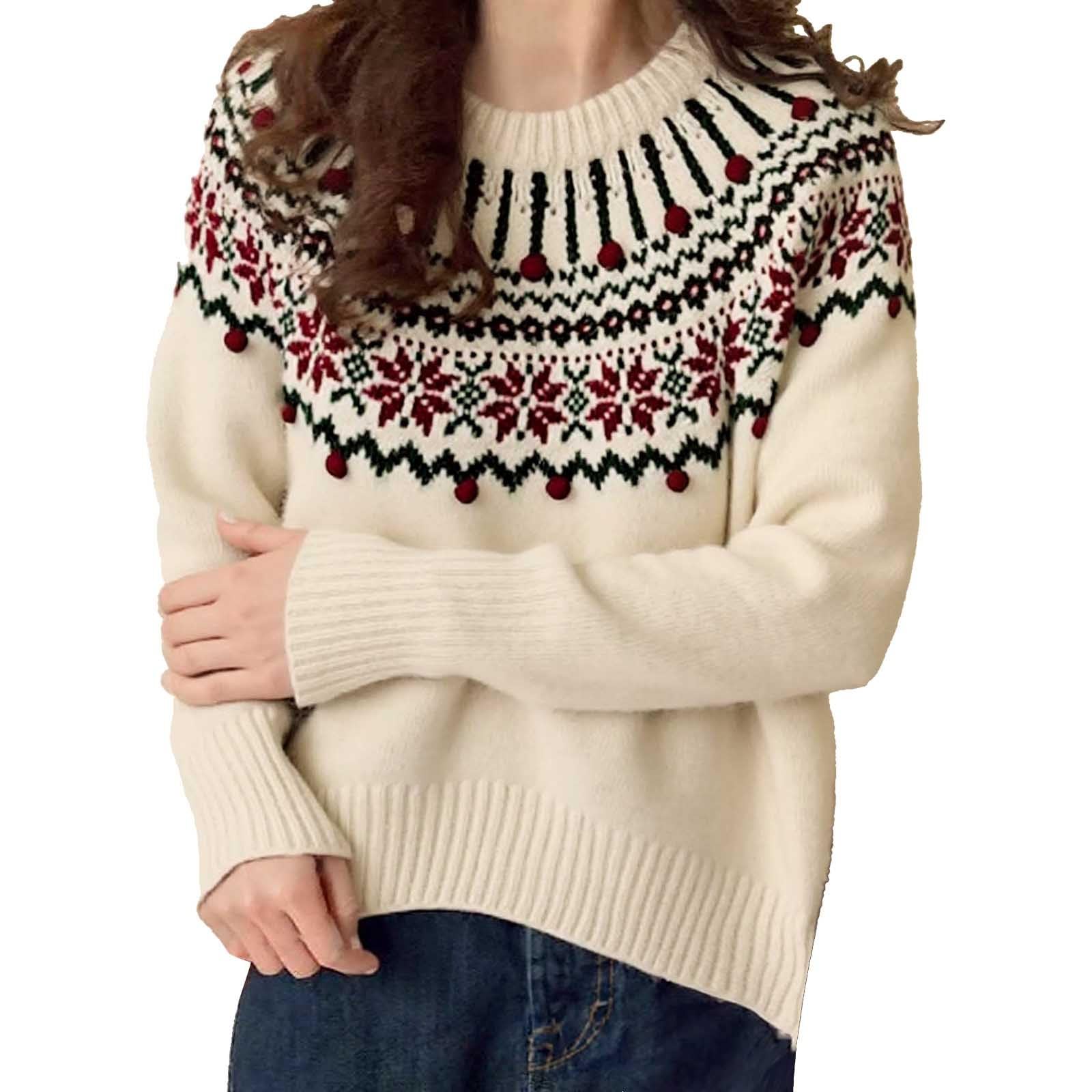 Womens Christmas Sweater Casual Lightweight Vintage Fair Isle Sweaters Long Sleeve Crew Neck Knitted Pullover