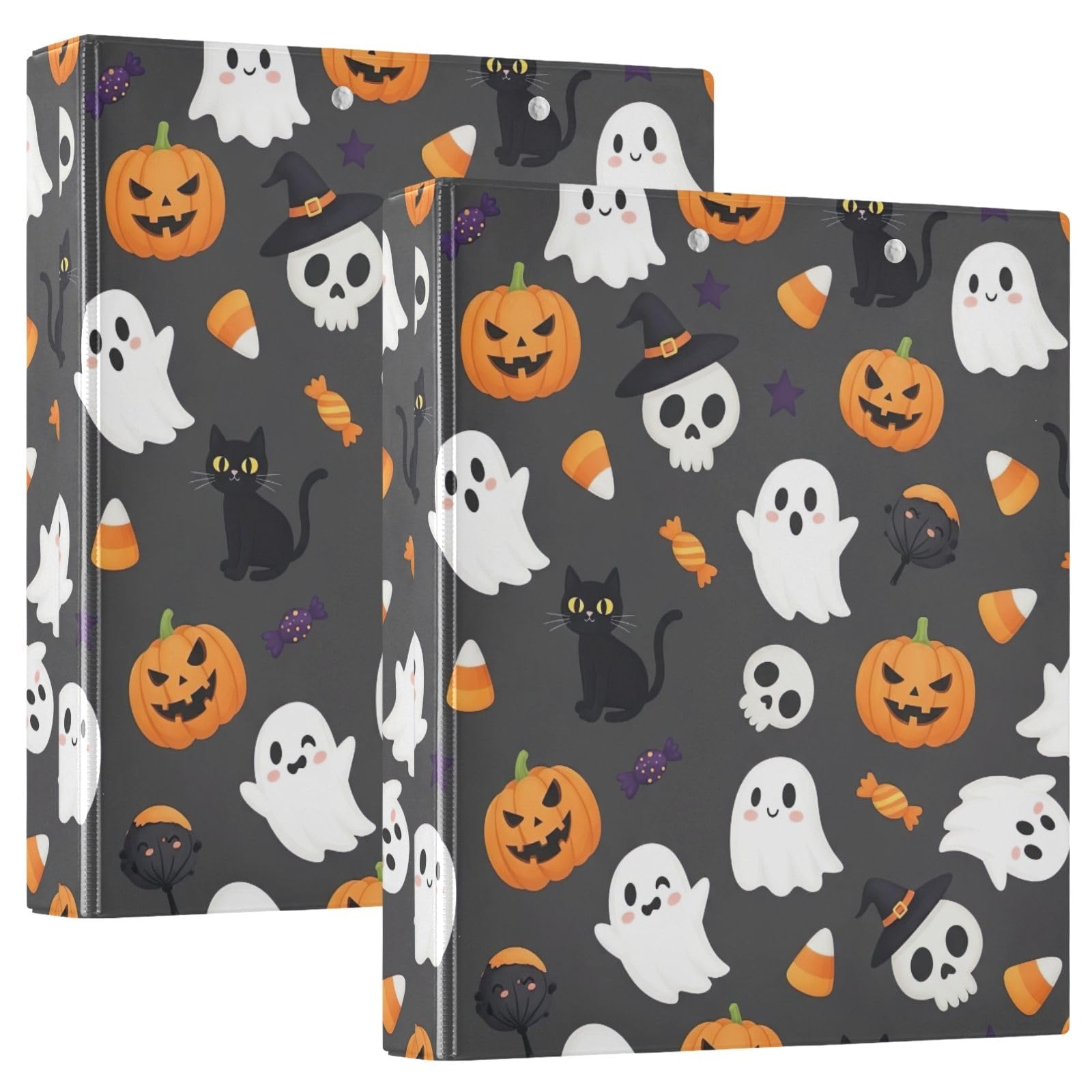 Confezione da 2 raccoglitori ad anelli con stampa di fantasmi di Halloween, con tasche, grandi, per scuola, università, ufficio