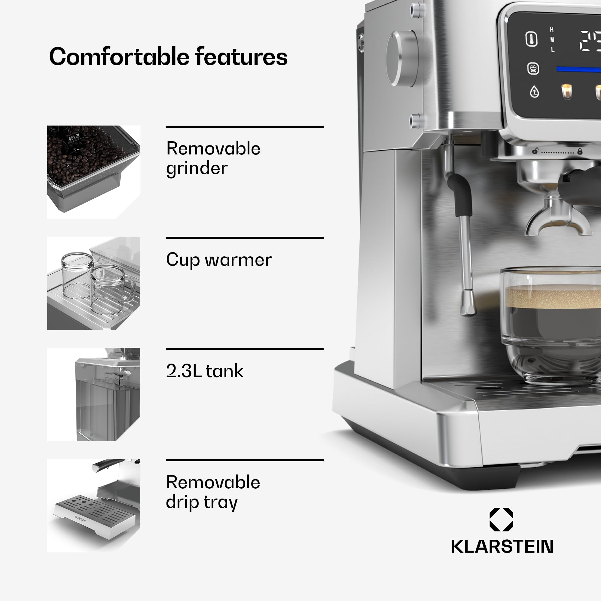 Klarstein GrandPresso Touch Ekspres kolbowy z młynkiem – 20 barów, 1350 W, Zintegrowany precyzyjny młynek, Zbiornik 2,3 l, Ekran dotykowy, Stal nierdzewna, Dysza parowa, Manometr