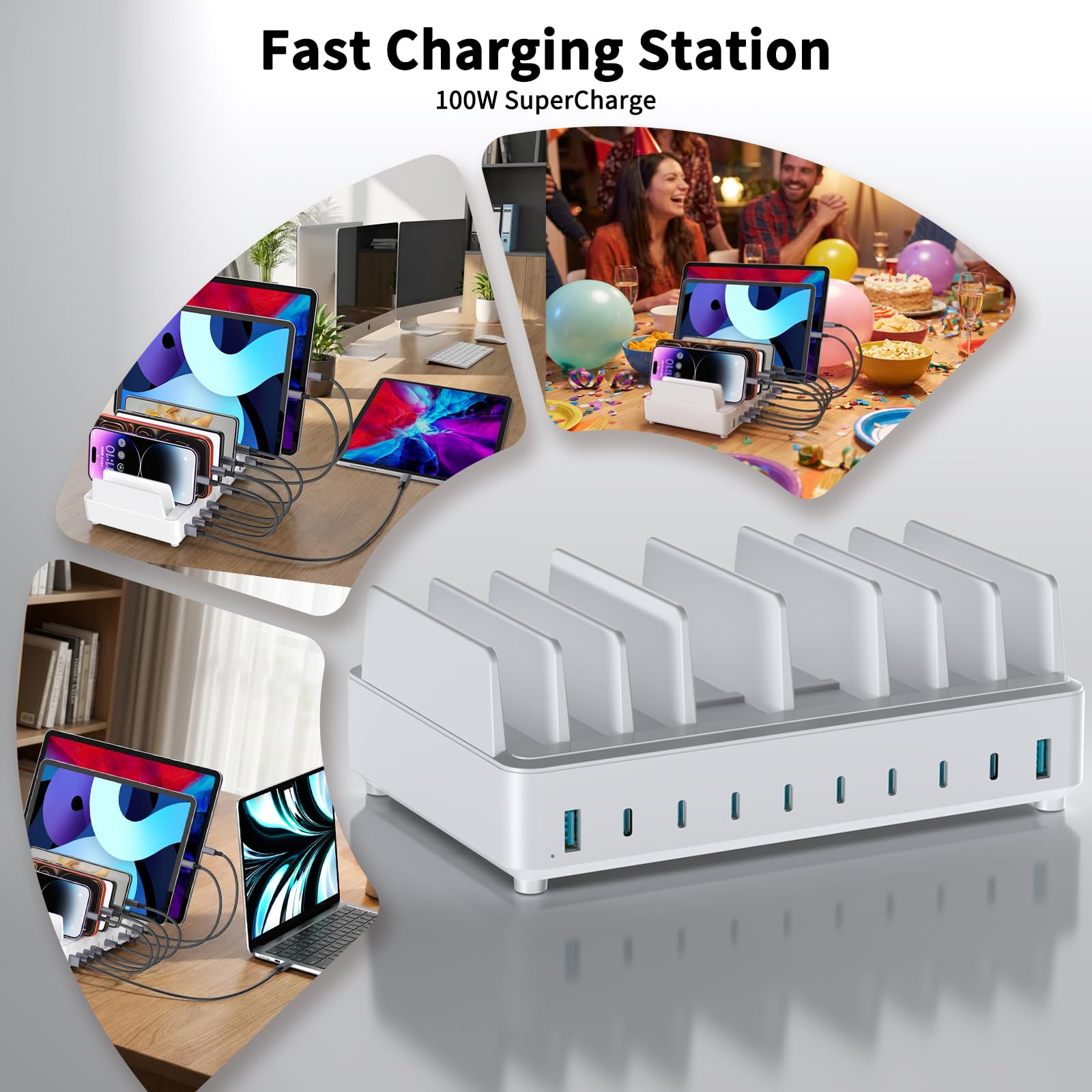 Station de Charge 420W Multi-appareils, Station Charge USB-C GaN PD3.0, 10 Ports. Station de Charge USB Bureau Charge Rapide pour MacBook, iPhone, Galaxy, Blanc