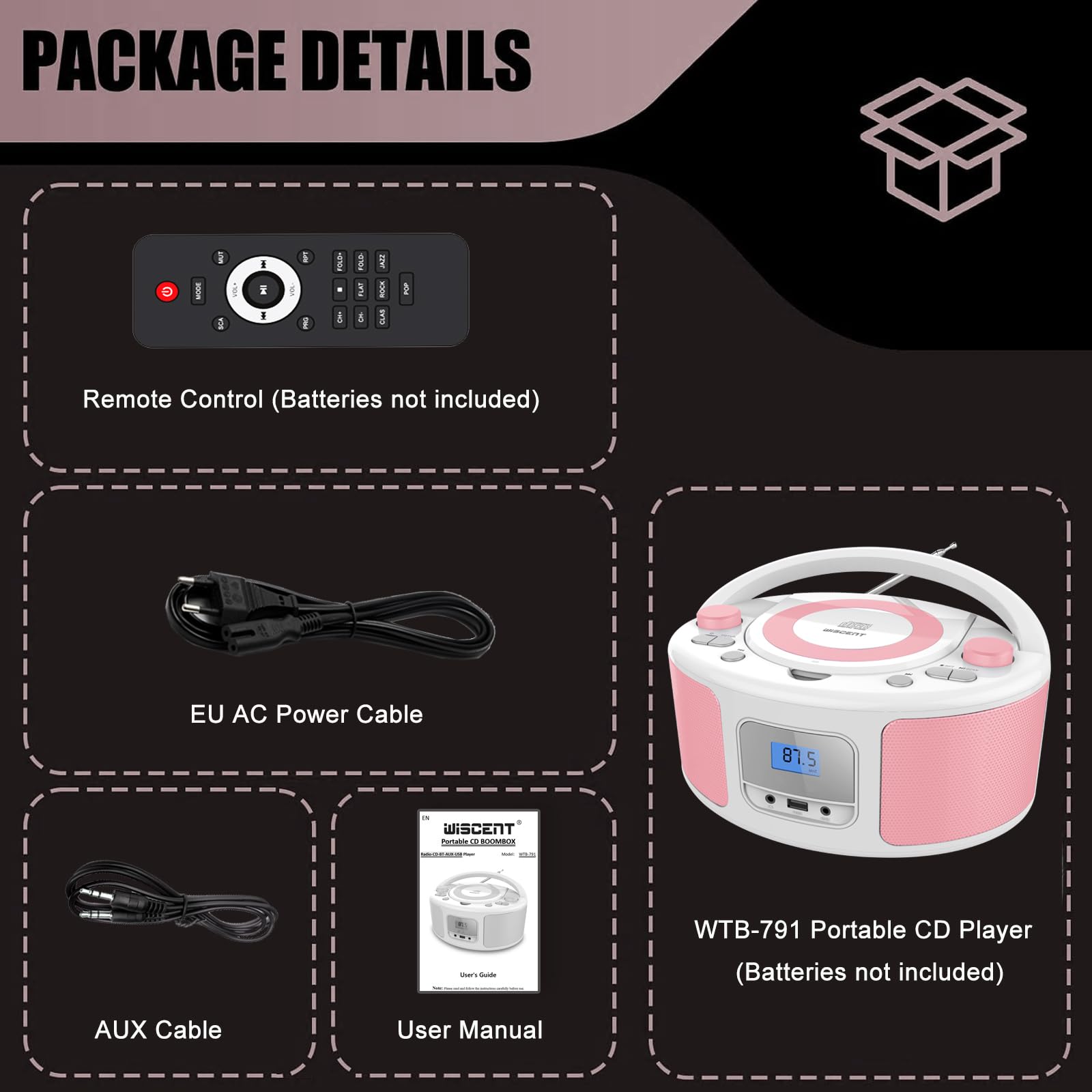 Tragbarer CD-Player Boombox mit Bluetooth | Fernsteuerung | FM-Radio | USB | MP3-Wiedergabe | Kompatibel mit CD-R/CD-RW(Rosa+Weiß)