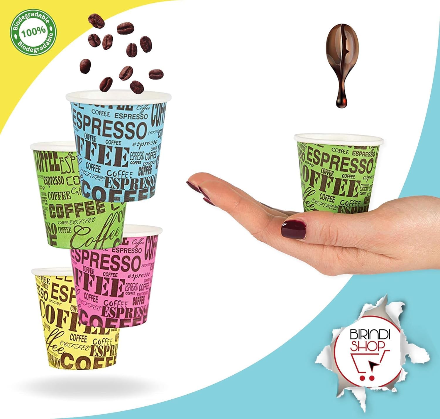 TeamBio 1000 Pz Bicchieri Caffe di Carta Biodegradabili Biocompostabili Tazzine 75ml