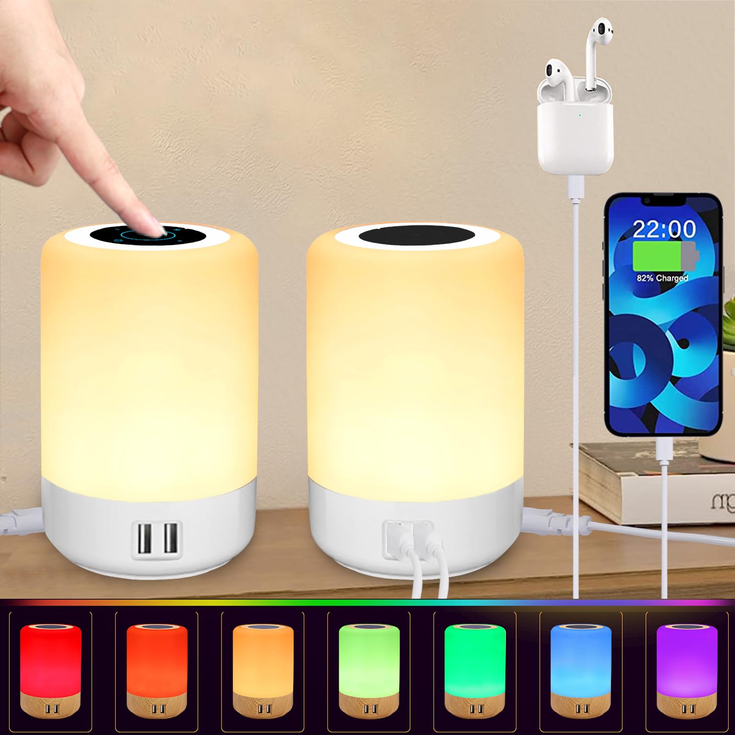 Taipow Lámpara de Mesita de Noche Tactil, 6W Lamparas de Mesa Led Modernas con 4 puertos de USB, 8 Colores, Lampara Multifuncional Tactil para Salon Dormitorio Oficina Habitación, Blanco (2 pack)