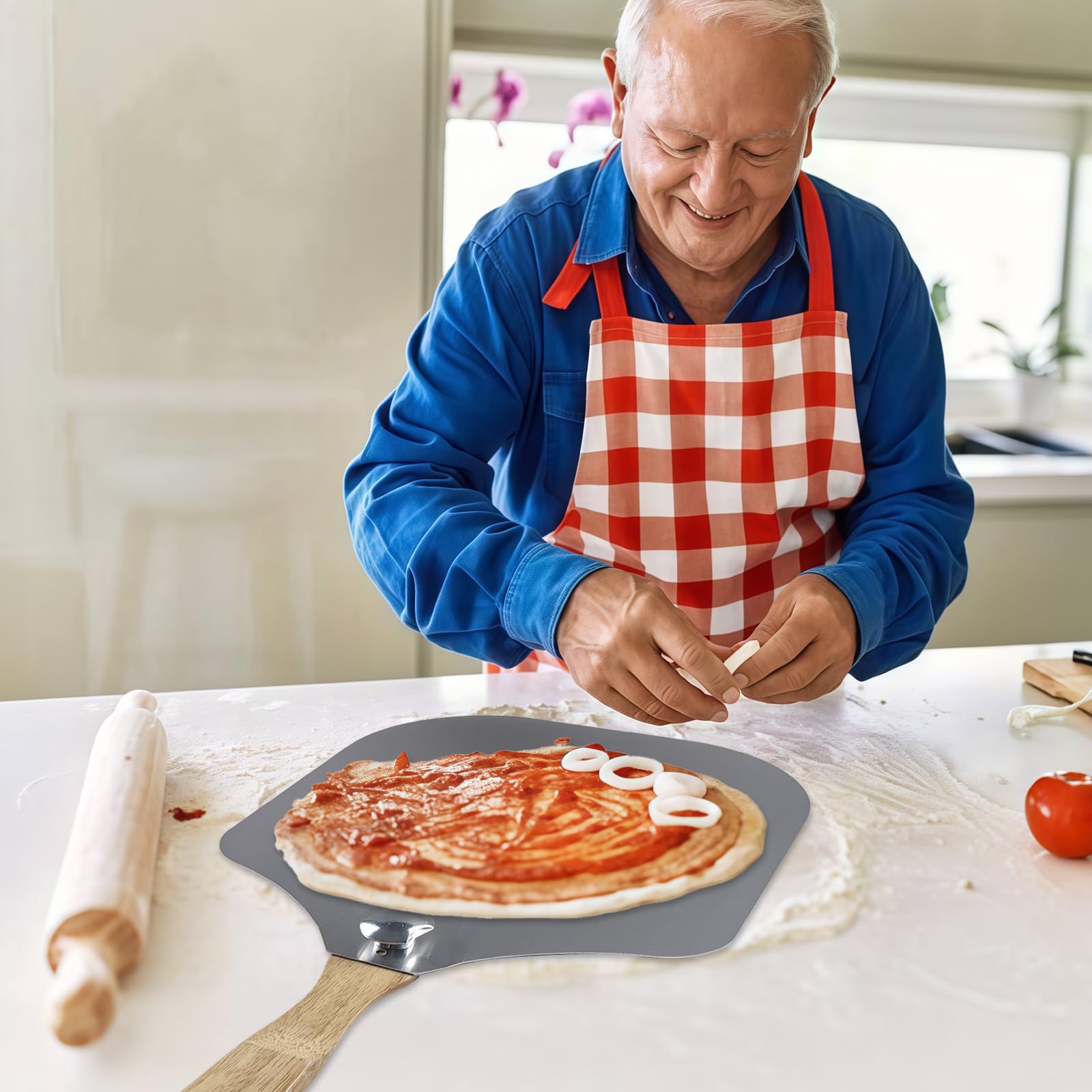 Ensemble Pelle à Pizza 3 Pièces, Pizza Accessoires Comprenant Pelle a Pizza 30 cm Aluminium avec Poignée en Bois Rotative, Coupe Pizza Acier Inoxydable et Pelle à Fromage