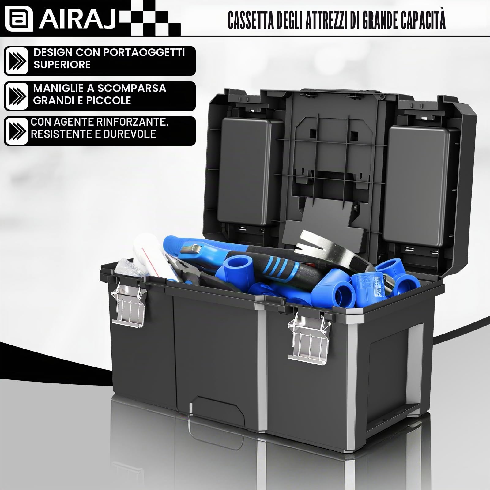 Cassetta Attrezzi su Ruote,Cassetta Attrezzi Vuota Portatile a Tre Ripiani, Impilabile,Cassetta Porta Attrezzi a Vassoio,Con Portabicchieri Rimovibile,50 cm W x 31 cm D x 67 cm H