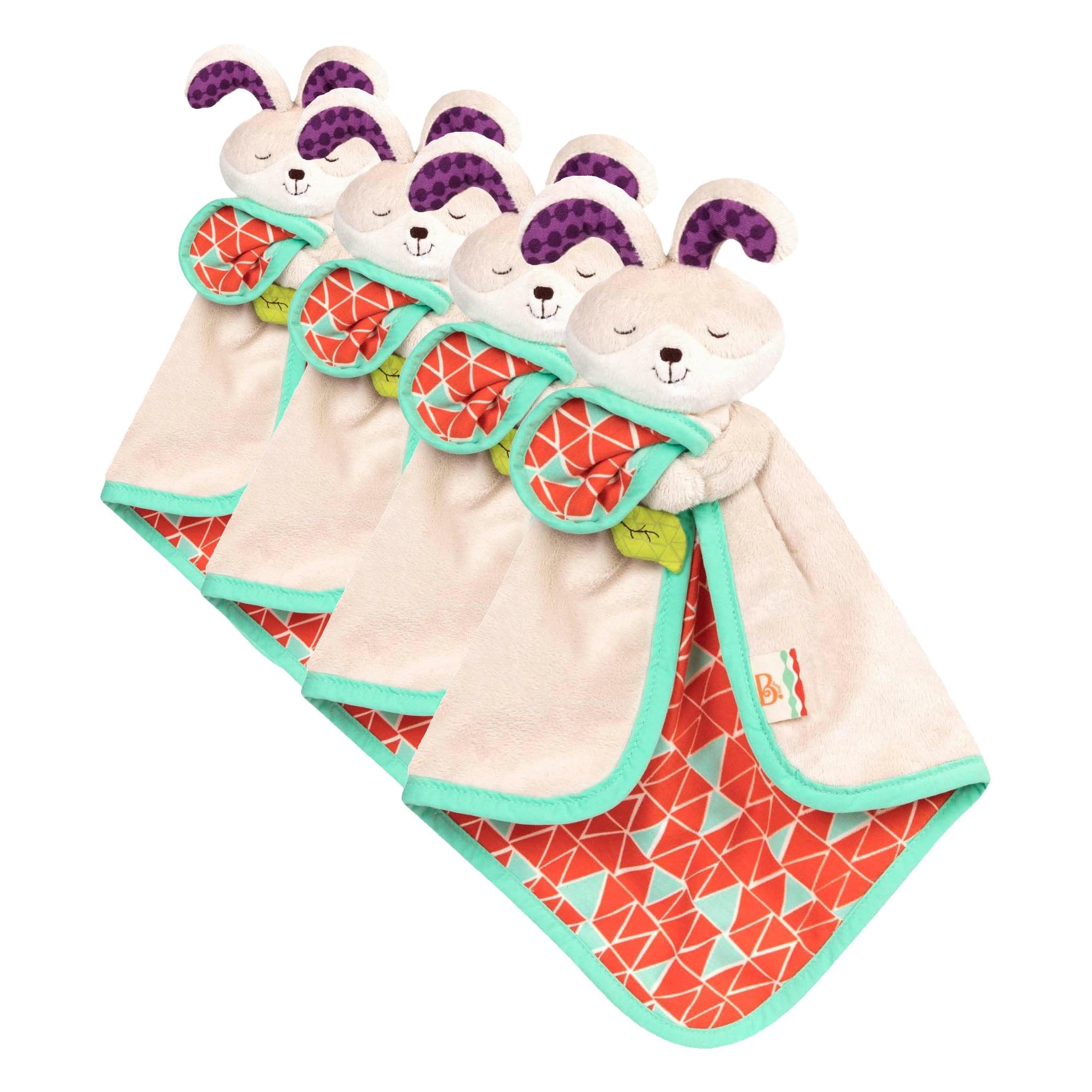 B. toys - B. Snugglies - Fluffy Bunz - Conejito Lovey - Manta de Seguridad de Felpa - Peluches para bebés - Suave mantita para bebé - Recién Nacido, 0 + (Paquete de 4)