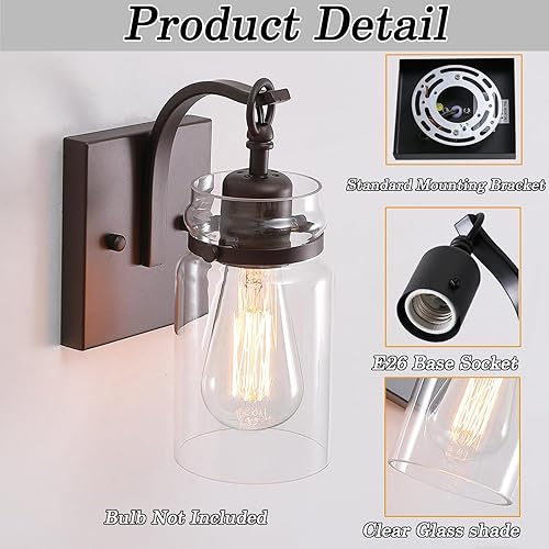Miniatura 4 de Juego de 2 apliques de pared, apliques de bronce aceitado con vidrio transparente para interiores, granja, baño, aplique de pared para baño,