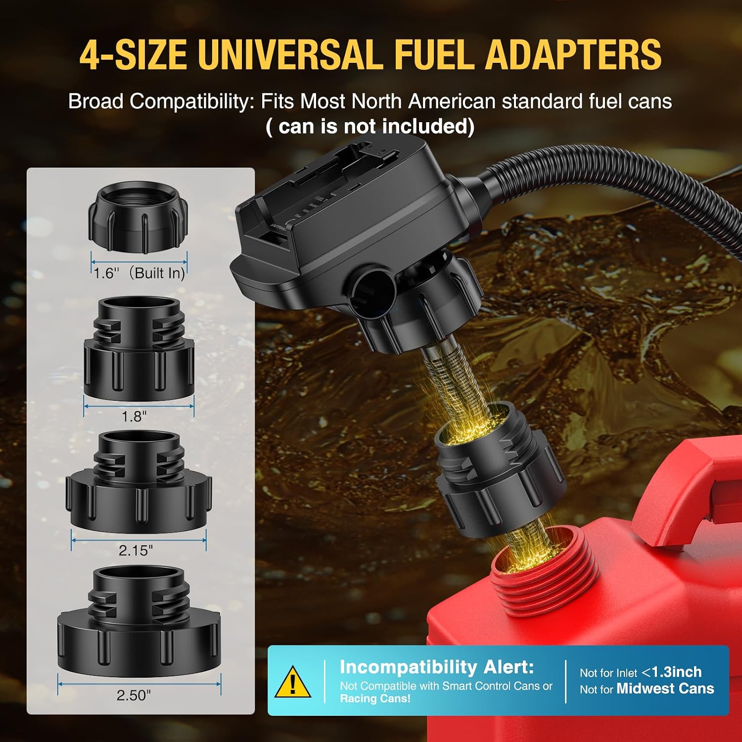 CrestWave Cordless Fuel Transfer Pump Compatible with DeWalt 20V & Milwaukee 18V Batteries,3.2 GPM Auto-Stop Gas Can Pump, 41" Hose, 4 Adapters, Storage Bag, for Gas, Gasoline, Diesel, Kerosene image 4