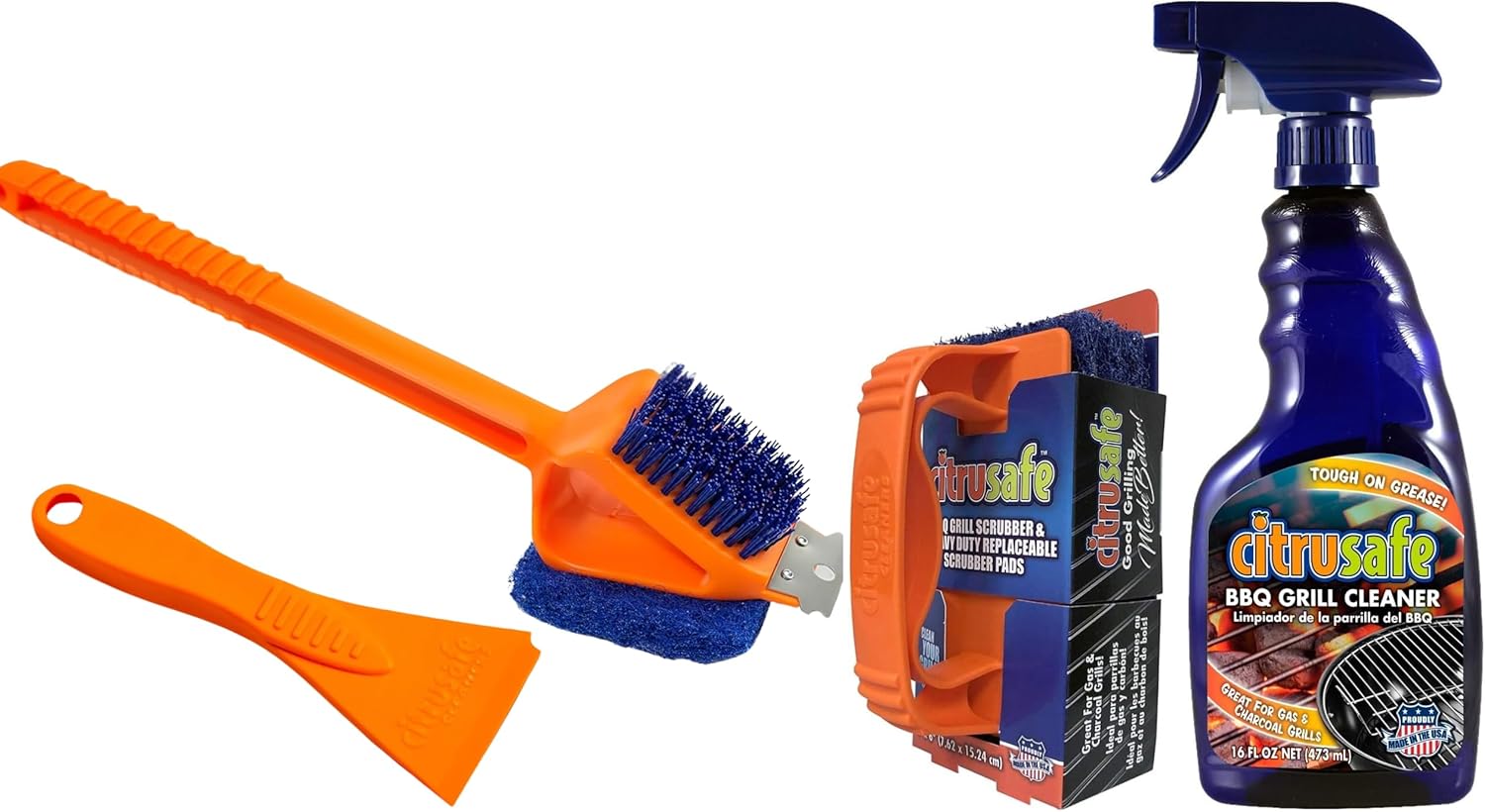 Citrusafe Heavy Duty Grill Cleaner Kit - 3in1 Grill Brush, Grill Cleaner Spray, Cookbox Scraper, & 3 CT Grill Scrubbers