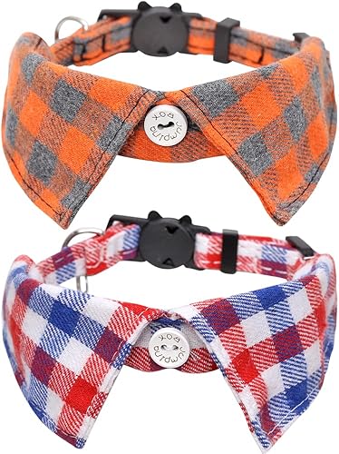 Paquete de 2 collares de gato con bonito lazo y campana a cuadros para seguridad ajustable de gatito