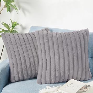 Decorative Throw Pillow with Inserts, Set of 2 Soft Faux Fur Throw Pillows, Square Boho Striped Pillow for Couch, Bed, Sofa DecorGray, 16" x 16"