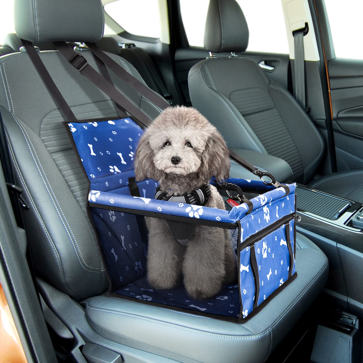 Nobleza Auto Hundesitz für Kleine Hunde & Katzen, Faltbarer Hundeautositz mit Sicherheitsgurt & Reißverschlusstasche, Wasserdicht & Atmungsaktiv, für Beifahrersitz & Rückbank, 40x34x25cm, Blau