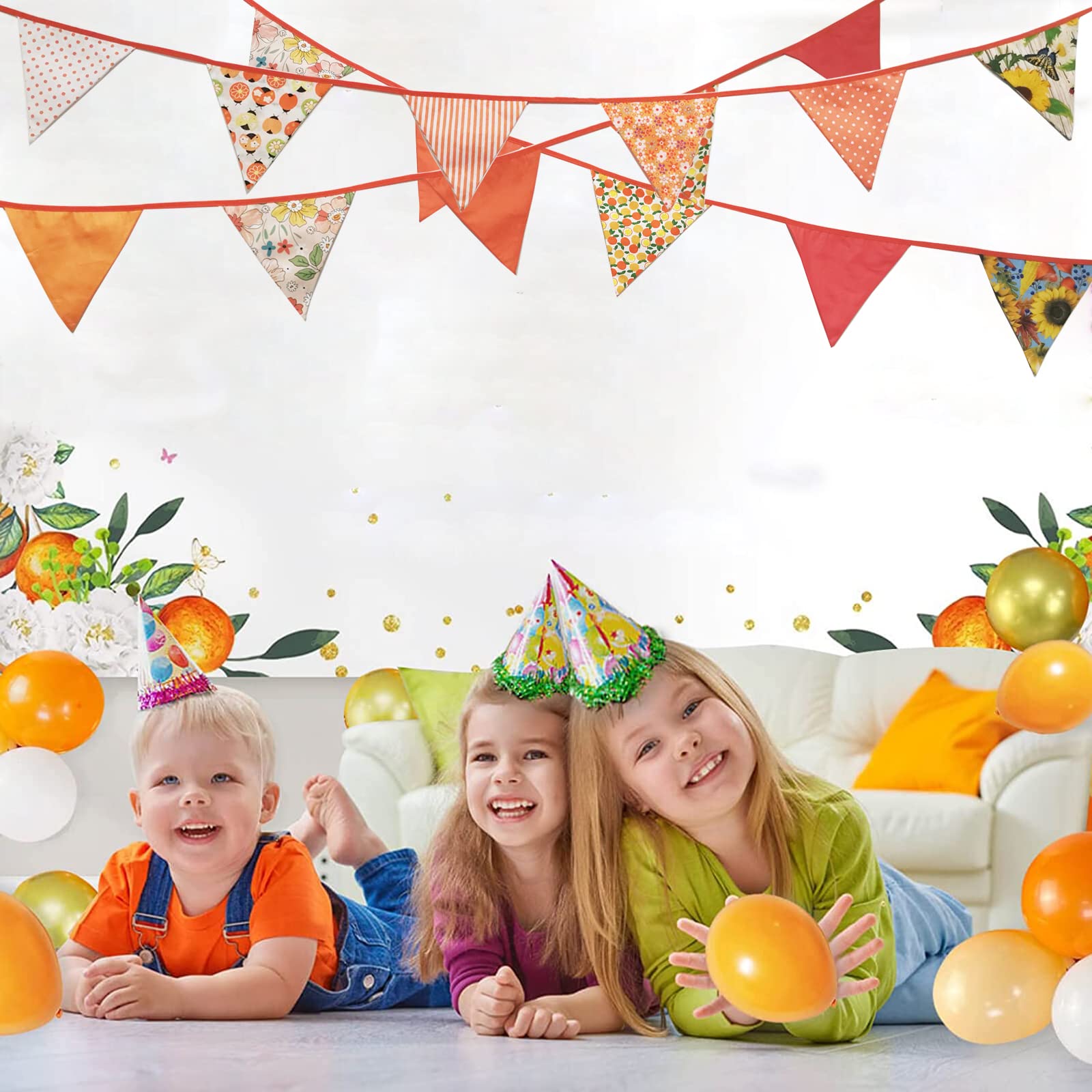 Zwiebeco Banderines de tela naranja de 32 pies, banderas triangulares, decoraciones de fiesta, guirnalda floral de algodón, banderín para otoño, Acción de Gracias, cosecha, cumpleaños, boda, aula