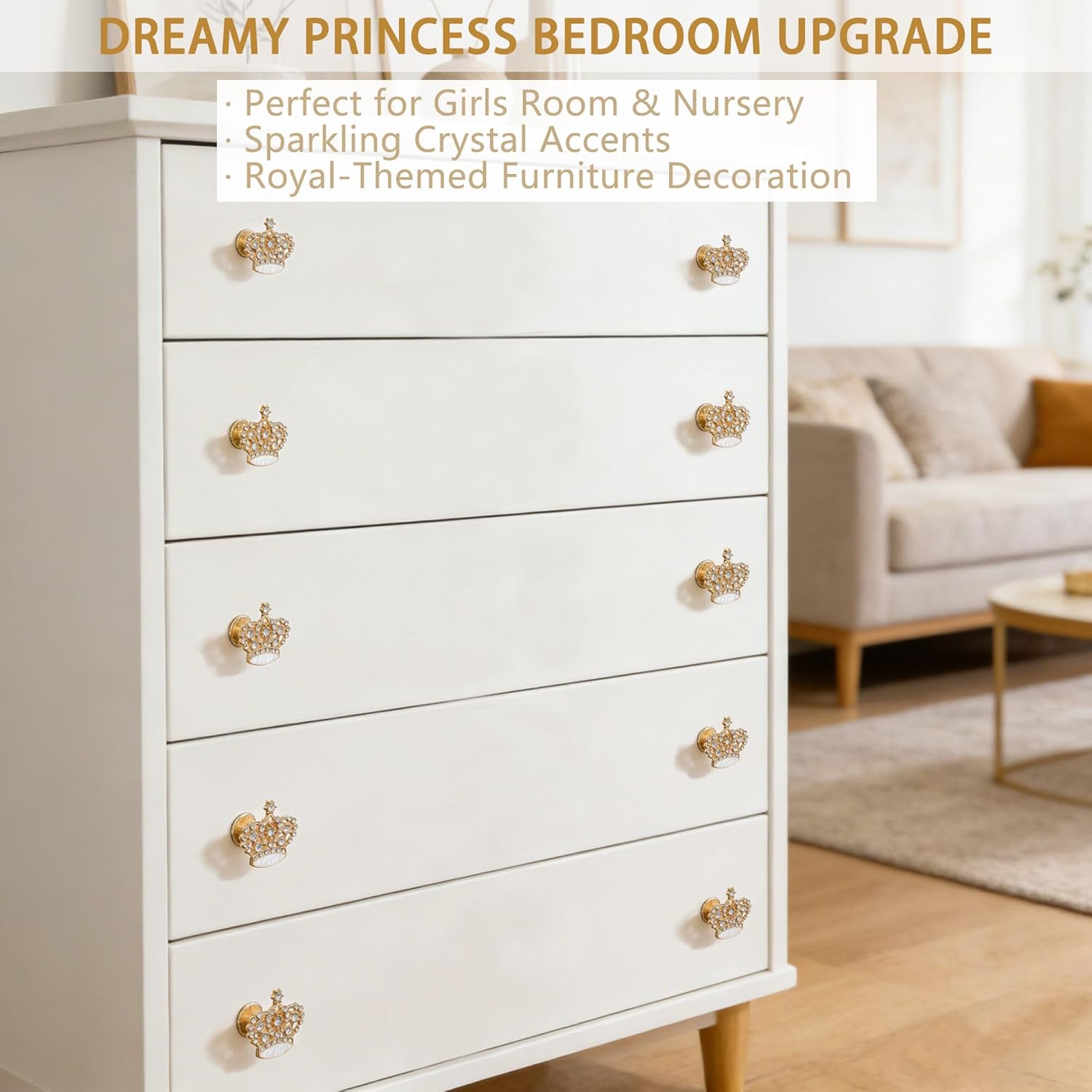 Pack of 5 Rhinestones Crown Cabinet Knobs-Princess Rose Gold Drawer Pulls with Crystal Look - Single Hole Handles for Girls Room & Nursery Cabinet Drawer Cupboard Dresser(46x42mm)