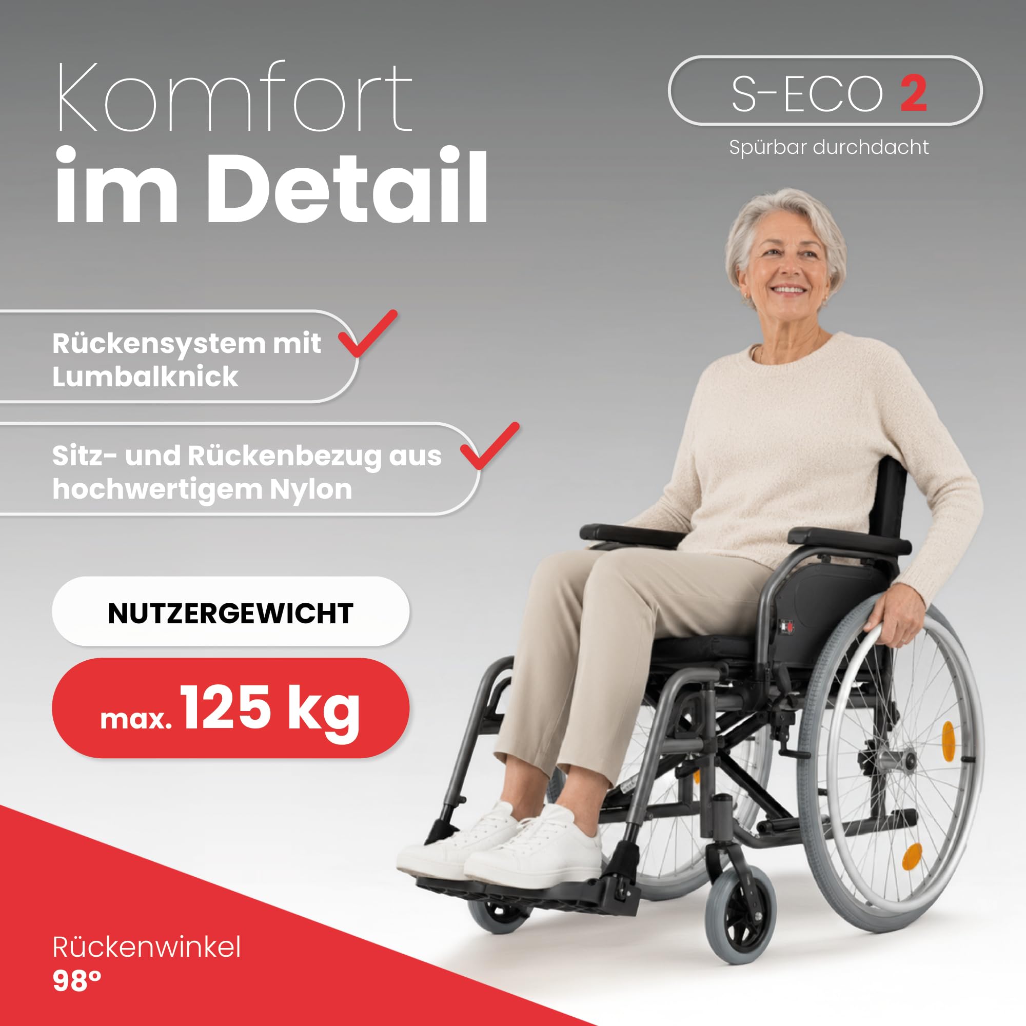 Bischoff & Bischoff® S-Eco 2 Rollstuhl faltbar leicht [52cm Sitzbreite] fixe Sitzhöhe - Klappbarer Reiserollstuhl, Kunststoff-Gabel, Duo-Armlehnen, Wohnung & Unterwegs
