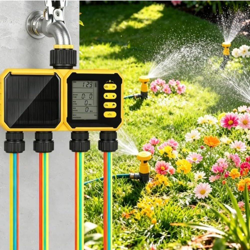 Timer automatico per irrigazione a 4 zone a energia solare, sensore di pioggia, regolatore di irrigazione da giardino con display LCD, impermeabile IPX5 per sistema di cura delle piante del prato