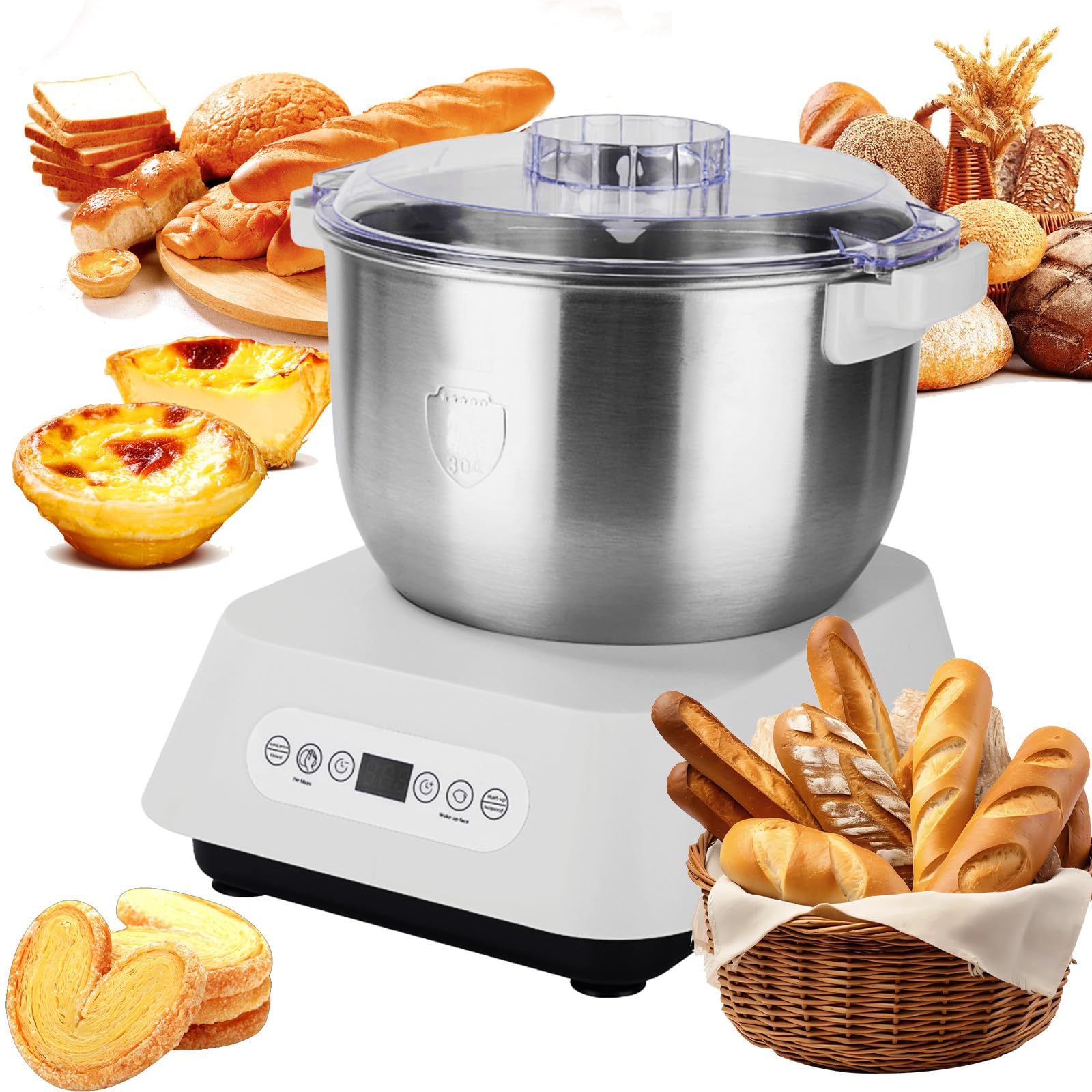 Edelstahl Teigmehl Mixer, 7L Teigknetmaschine mit Fermentierungsfunktion, Edelstahl Teigmaschine mit Timing, Touch Panel, auswechselbarer Klinge für das Backen zu Hause