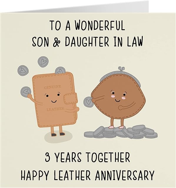 Hunts England Son And Daughter In Law 3rd Anniversary Card - To A Wonderful Son & Daughter In Law - 3 Years Together - Happy Leather Anniversary - Iconic Collection - Standard - 148 x 148 mm