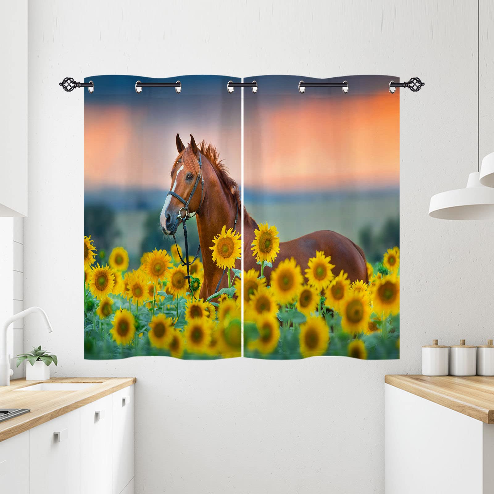 ANHOPE Horse Curtains Eyelet 80% Blackout Room Darkening Curtains with Rustic Theme Horse Yellow Sunflower Print Pattern Light Blocking Window Drapes for Bedroom Living Room 28 x 54 Inch Drop 2 Panels — image 1