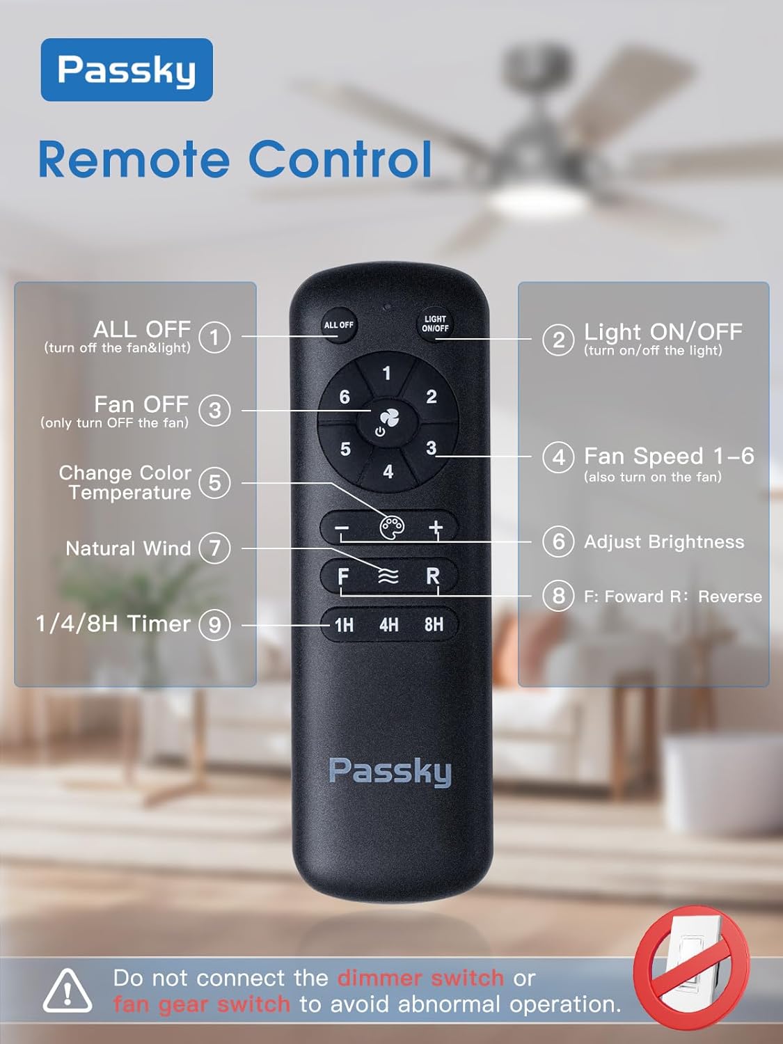 Passky Ceiling Fans with Lights, 52 inch Nickel Ceiling Fan with Light and Remote Control, Reversible, Dimmable, 3CCT, Quiet, Ceiling Fan for Bedroom, Living Room, Indoor/Outdoor Use